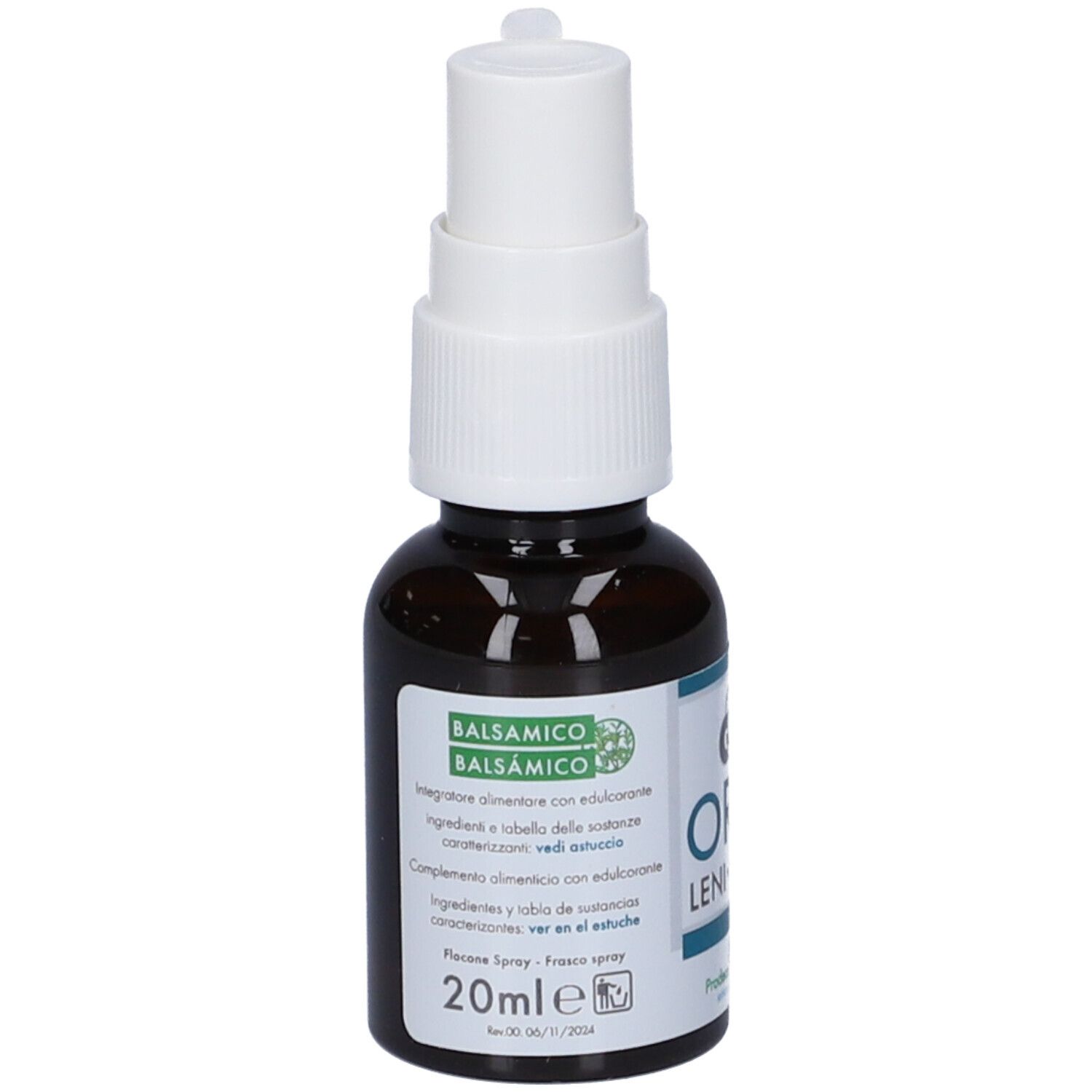 Flacone di vetro marrone con nebulizzatore bianco. Scritta: GSE Oral Leni-Spray. Etichetta con testo. Logo Prodeco Pharma.