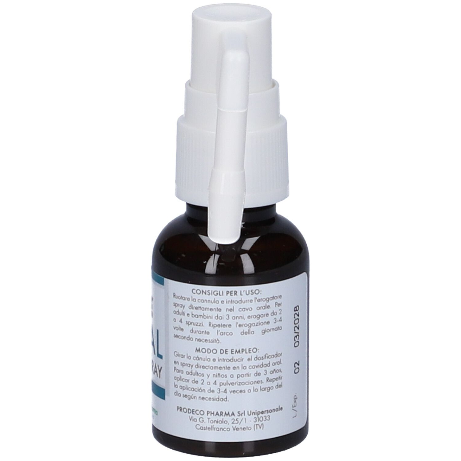 Flacone di vetro marrone con nebulizzatore bianco. Scritta: GSE Oral Leni-Spray. Etichetta con testo. Logo Prodeco Pharma.