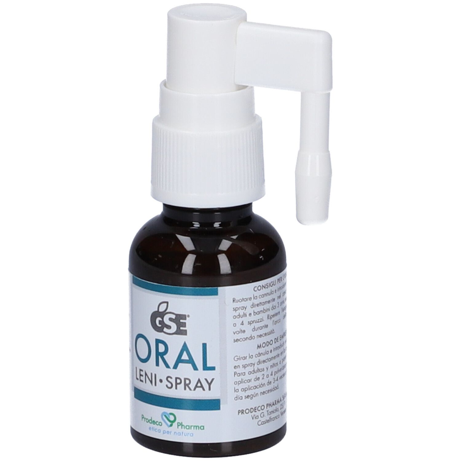 Flacone di vetro marrone con nebulizzatore bianco. Scritta: GSE Oral Leni-Spray. Etichetta con testo. Logo Prodeco Pharma.
