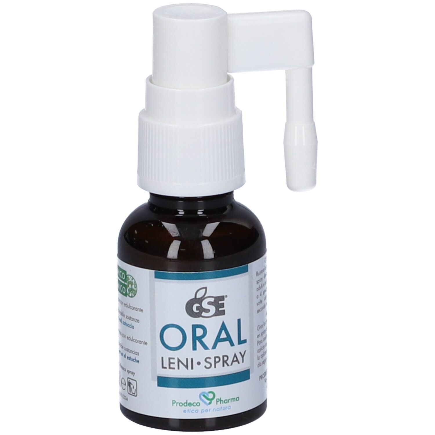 Flacone di vetro marrone con nebulizzatore bianco. Scritta: GSE Oral Leni-Spray. Etichetta con testo. Logo Prodeco Pharma.