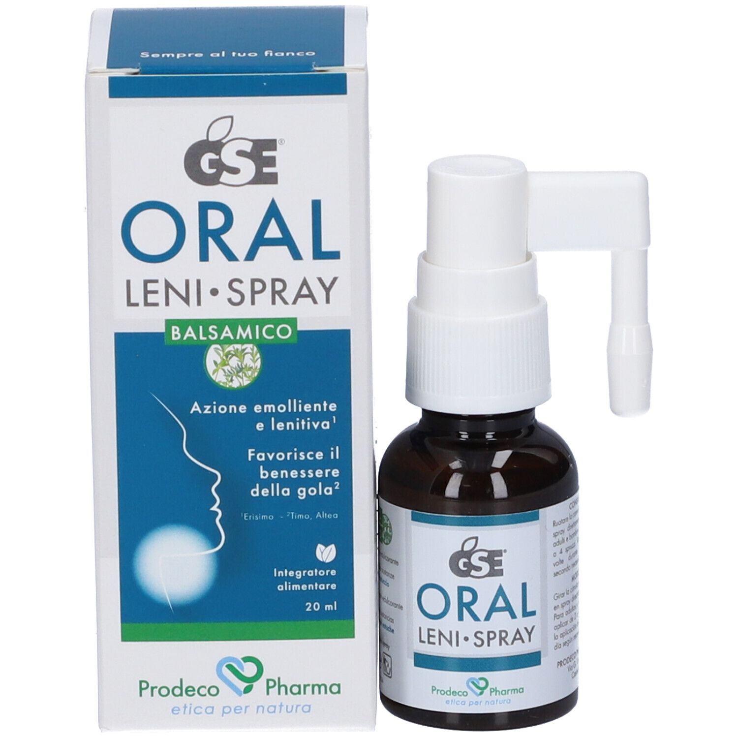 Flacone di vetro marrone con nebulizzatore bianco e scatola. Scritta: GSE Oral Leni-Spray. Etichetta con testo. Logo Prodeco Pharma.