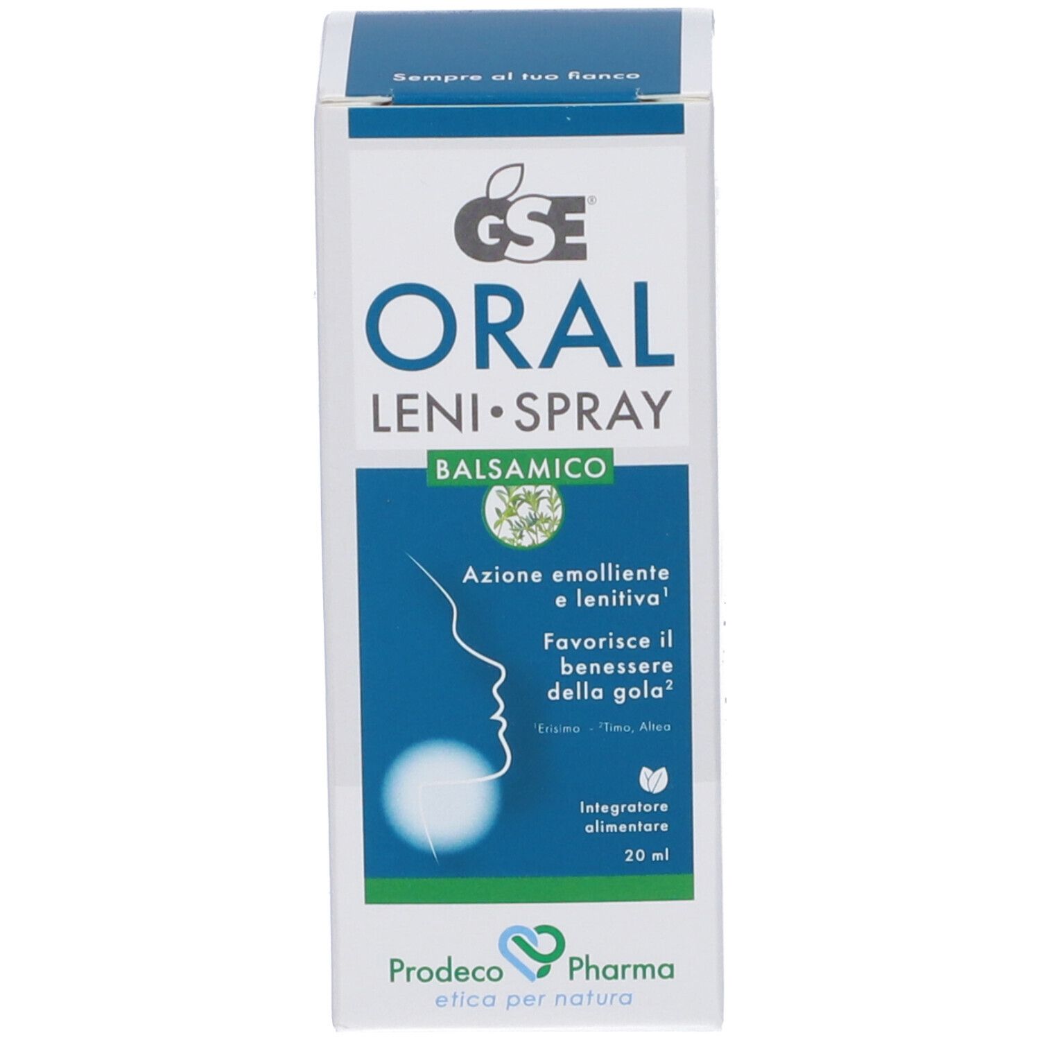 Scatola bianca con GSE Oral Leni-Spray. Testo: Oral Leni-Spray, Balsamico. Logo Prodeco Pharma.