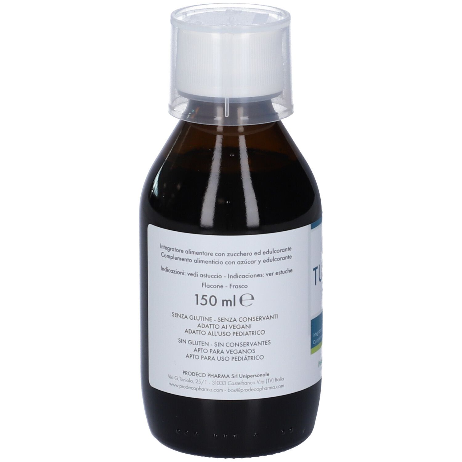 Flacone in vetro marrone con tappo bianco. Etichetta con informazioni sul prodotto, tra cui '150 ml'.