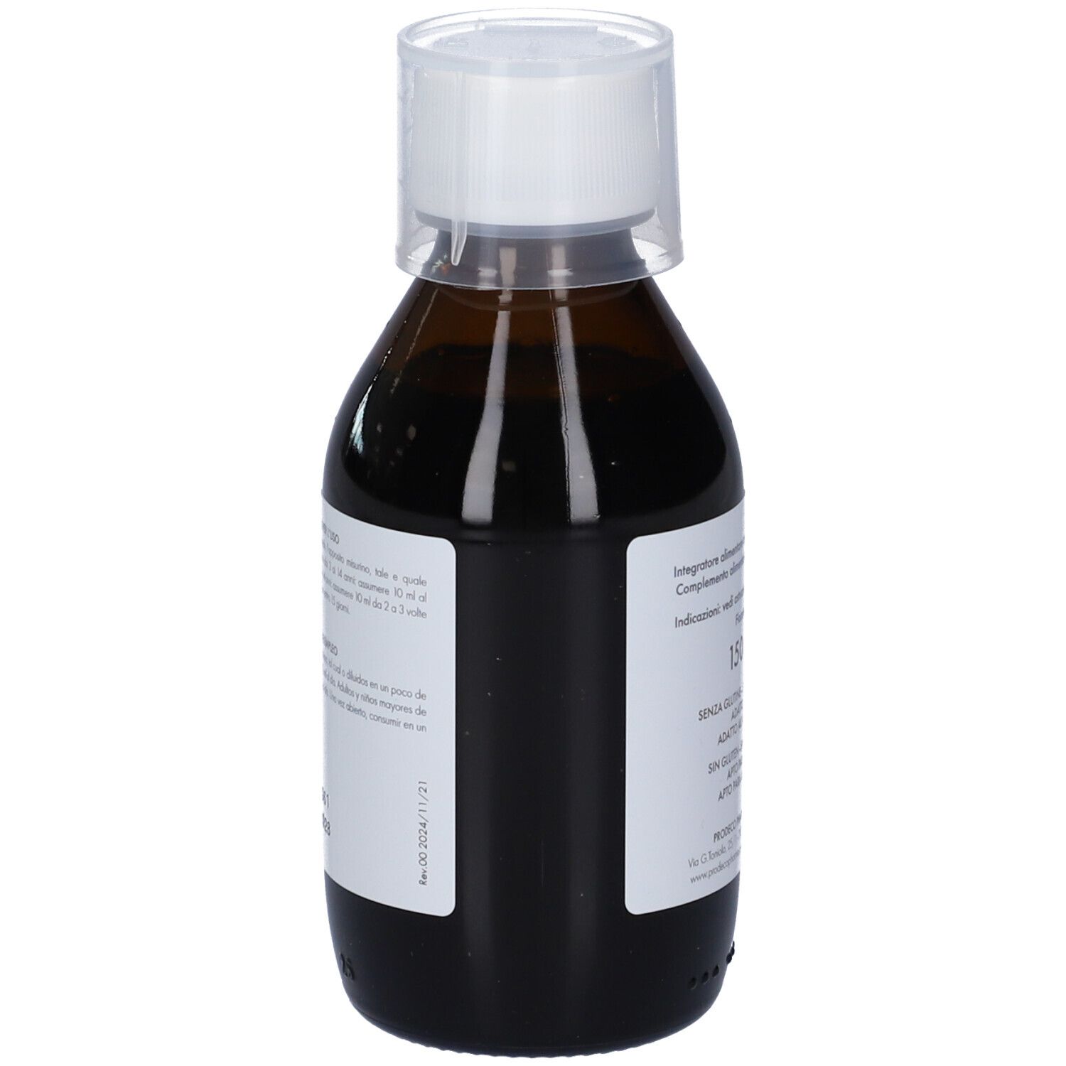 Flacone in vetro marrone con tappo bianco. Etichetta con informazioni sul prodotto, vista laterale.