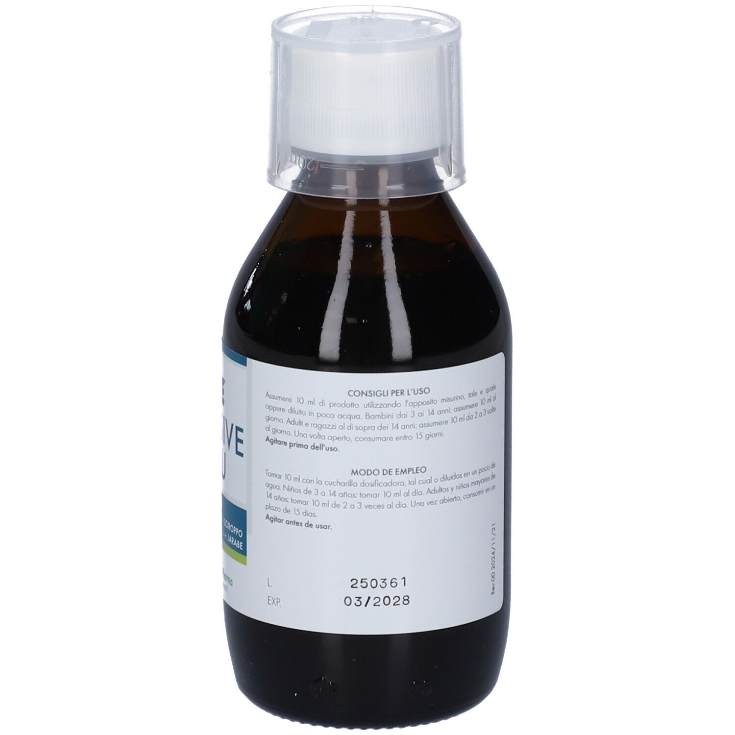 Flacone in vetro marrone con tappo bianco. Etichetta con informazioni sul prodotto e istruzioni per l'uso.