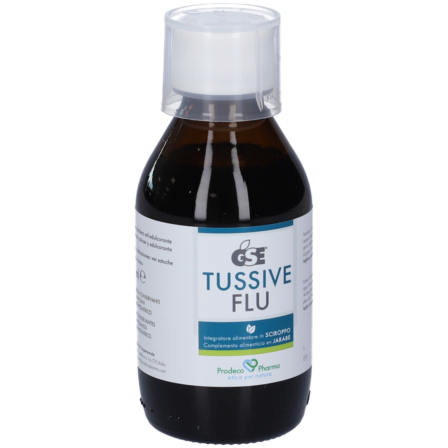 Flacone in vetro marrone con tappo bianco. Scritta: GSE TUSSIVE FLU. Etichetta con informazioni sul prodotto.