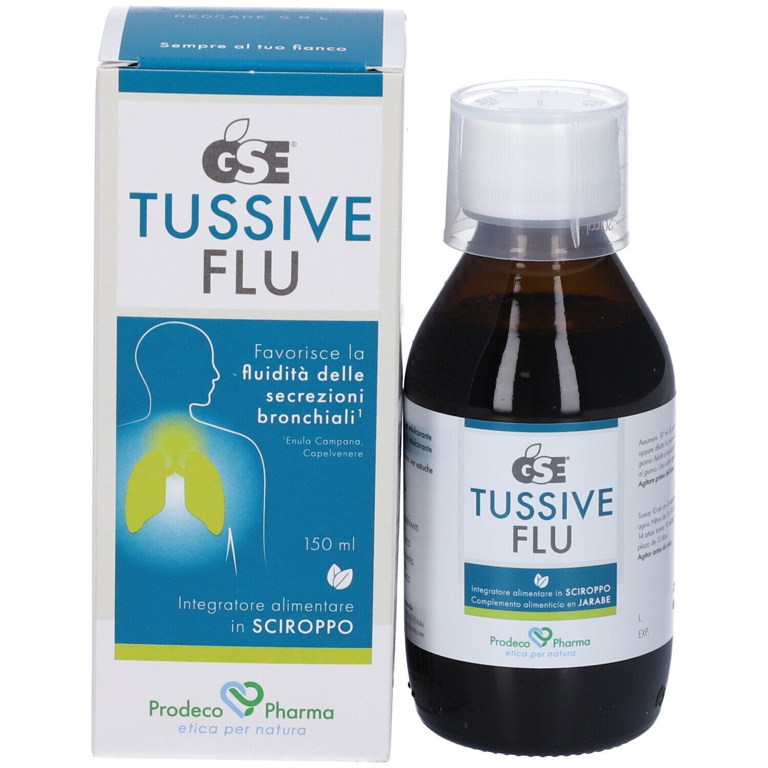 Flacone e confezione del prodotto. Scritta: GSE TUSSIVE FLU. Confezione con illustrazione dei polmoni.