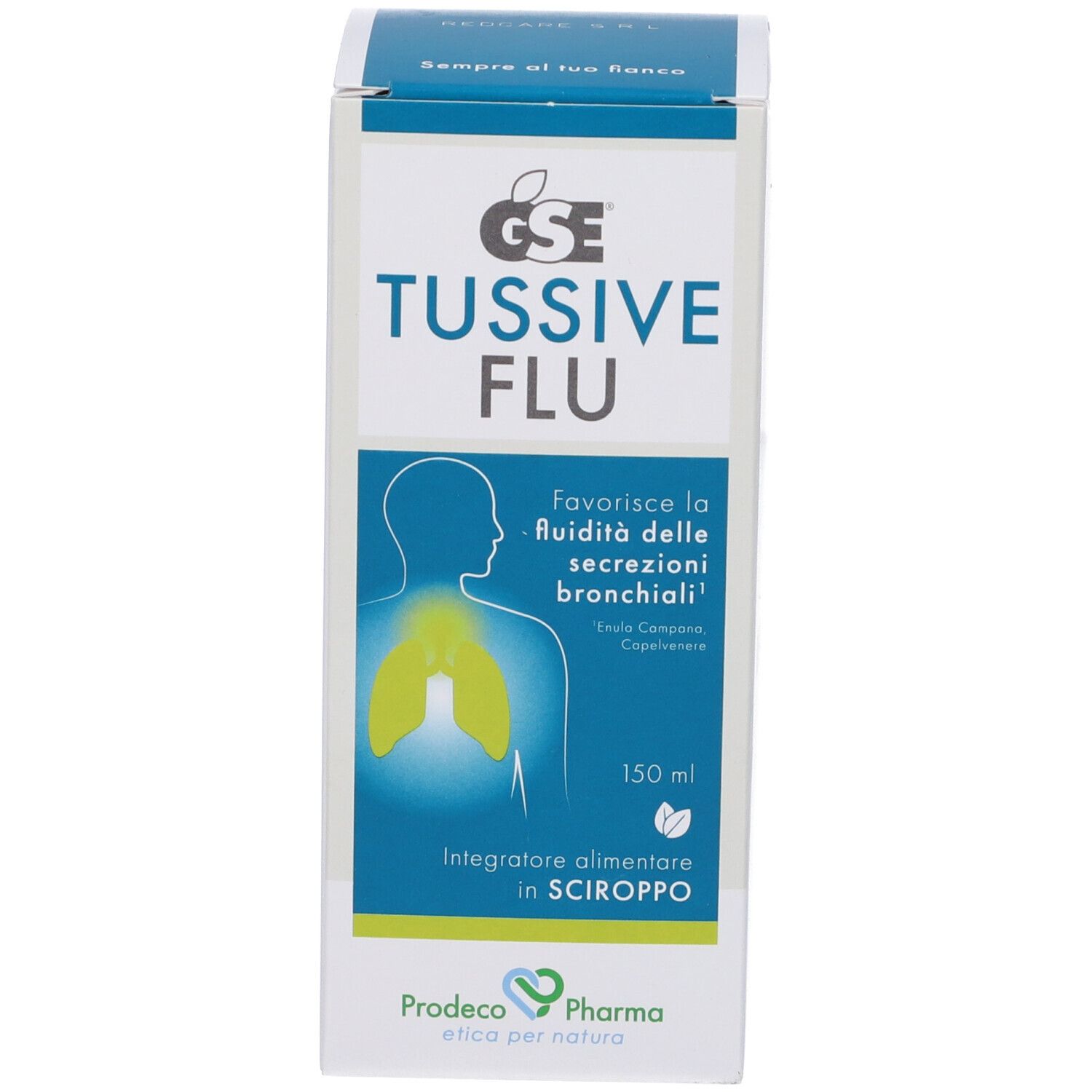 Confezione del prodotto. Scritta: GSE TUSSIVE FLU. Illustrazione dei polmoni. Testo: 150 ml.