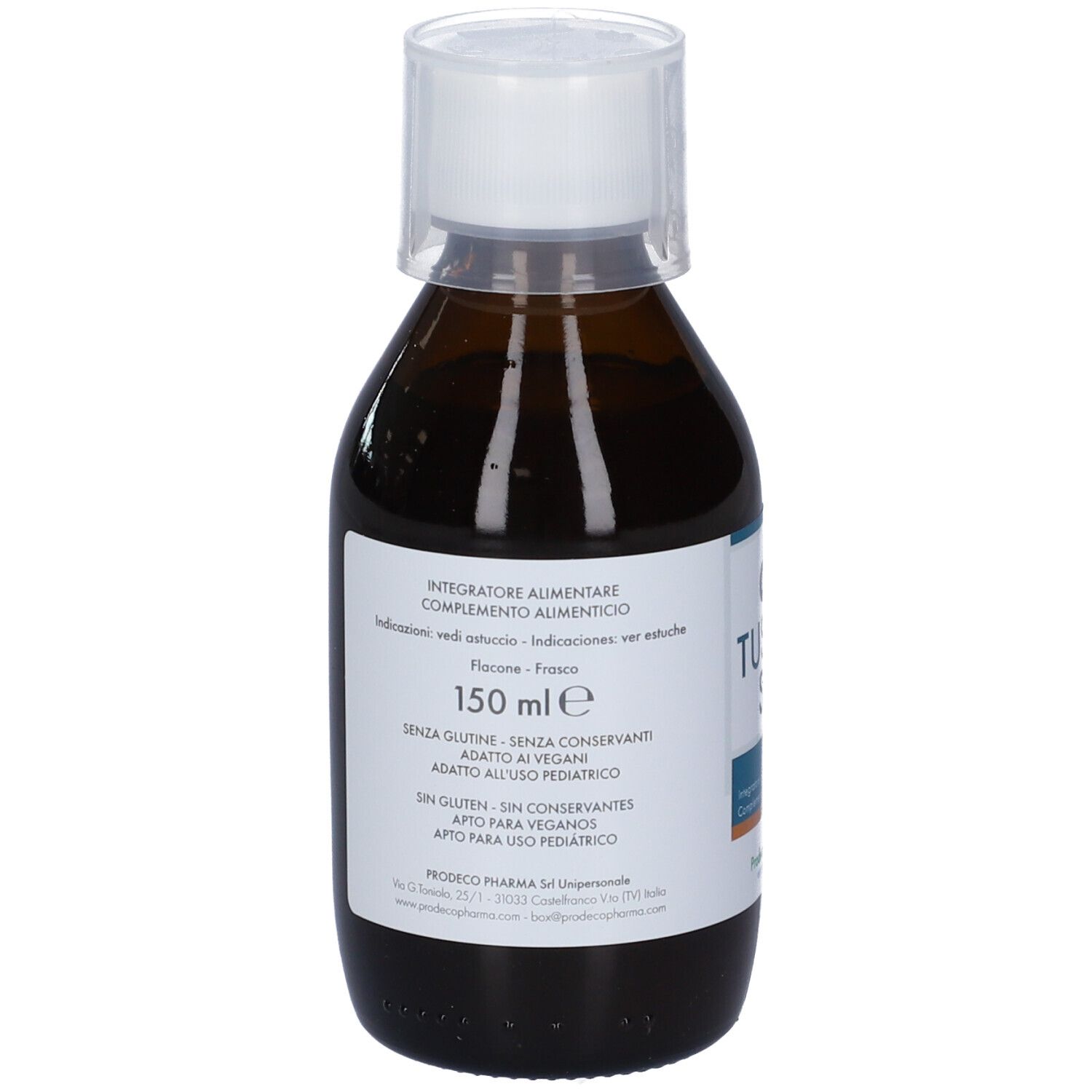 Flacone di vetro marrone con tappo bianco. Etichetta con informazioni, tra cui 150 ml. Flacone verticale.