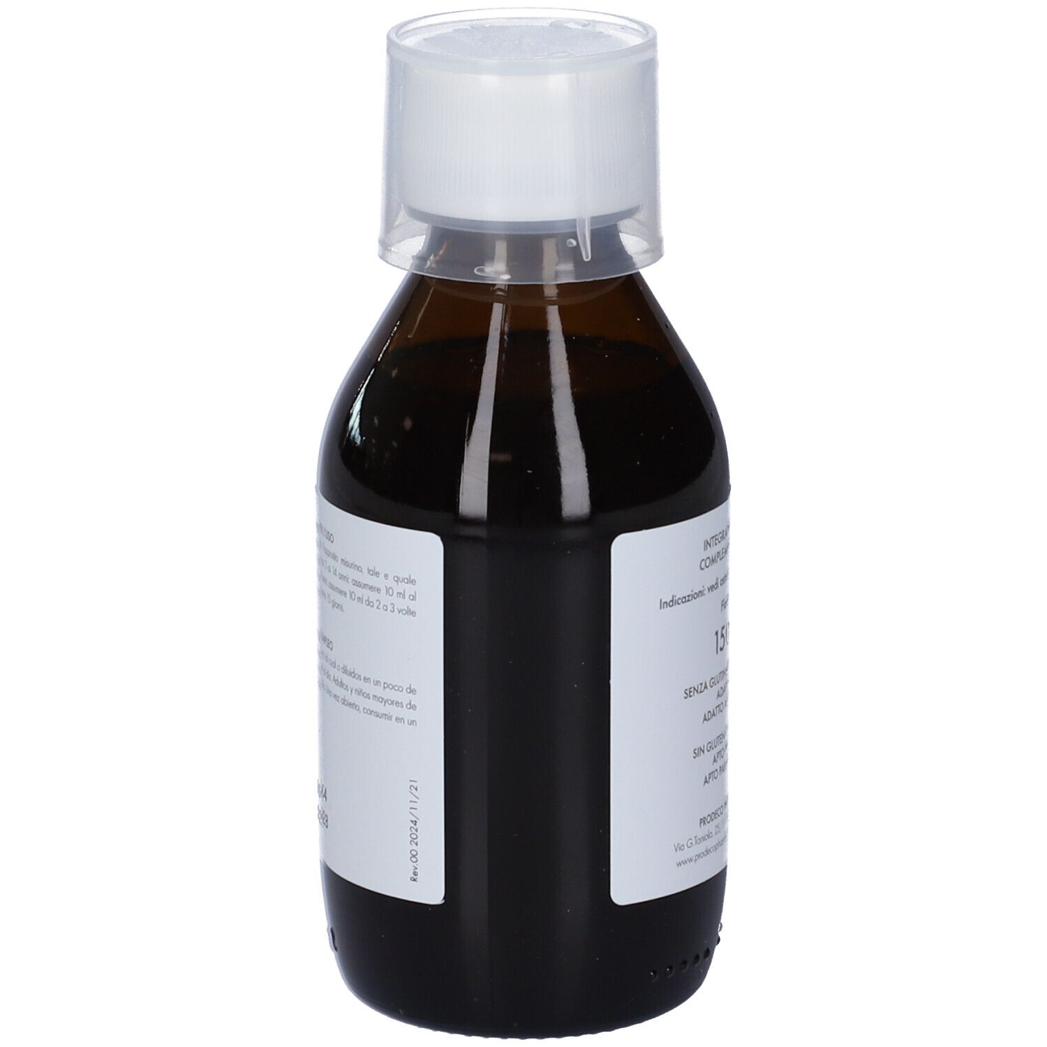 Flacone di vetro marrone con tappo bianco. Etichetta con informazioni. Flacone verticale.