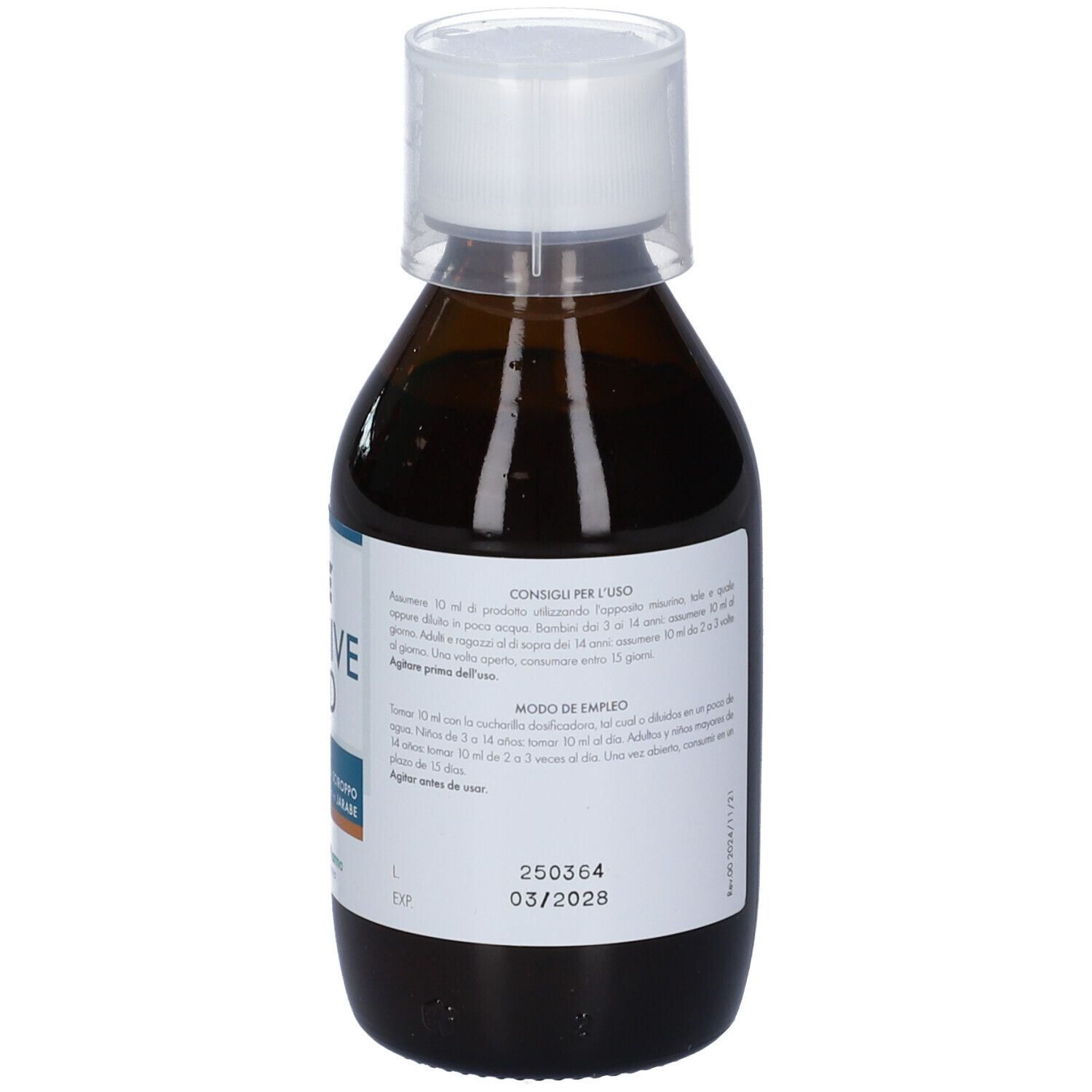 Flacone di vetro marrone con tappo bianco. Etichetta con informazioni, tra cui data di scadenza. Flacone verticale.