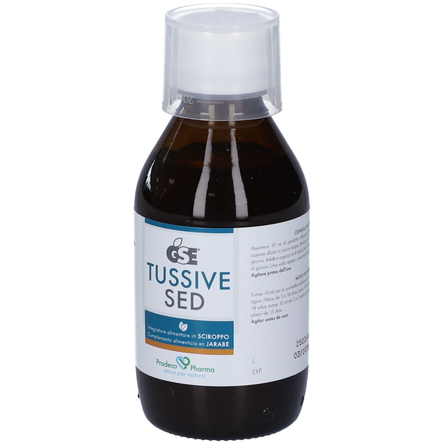 Flacone di vetro marrone con tappo bianco. Etichetta con GSE TUSSIVE SED. Flacone verticale.