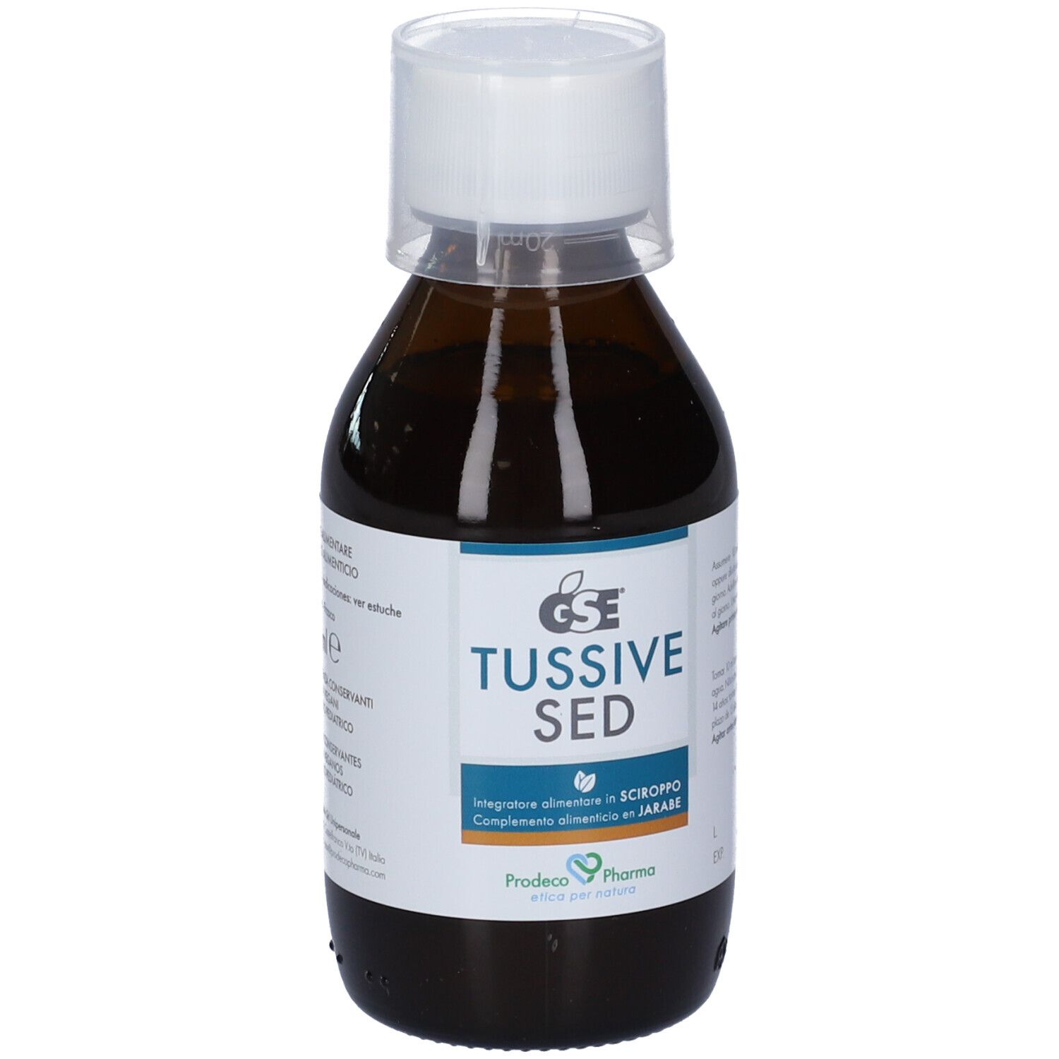 Flacone di vetro marrone con tappo bianco. Etichetta con GSE TUSSIVE SED. Flacone verticale.