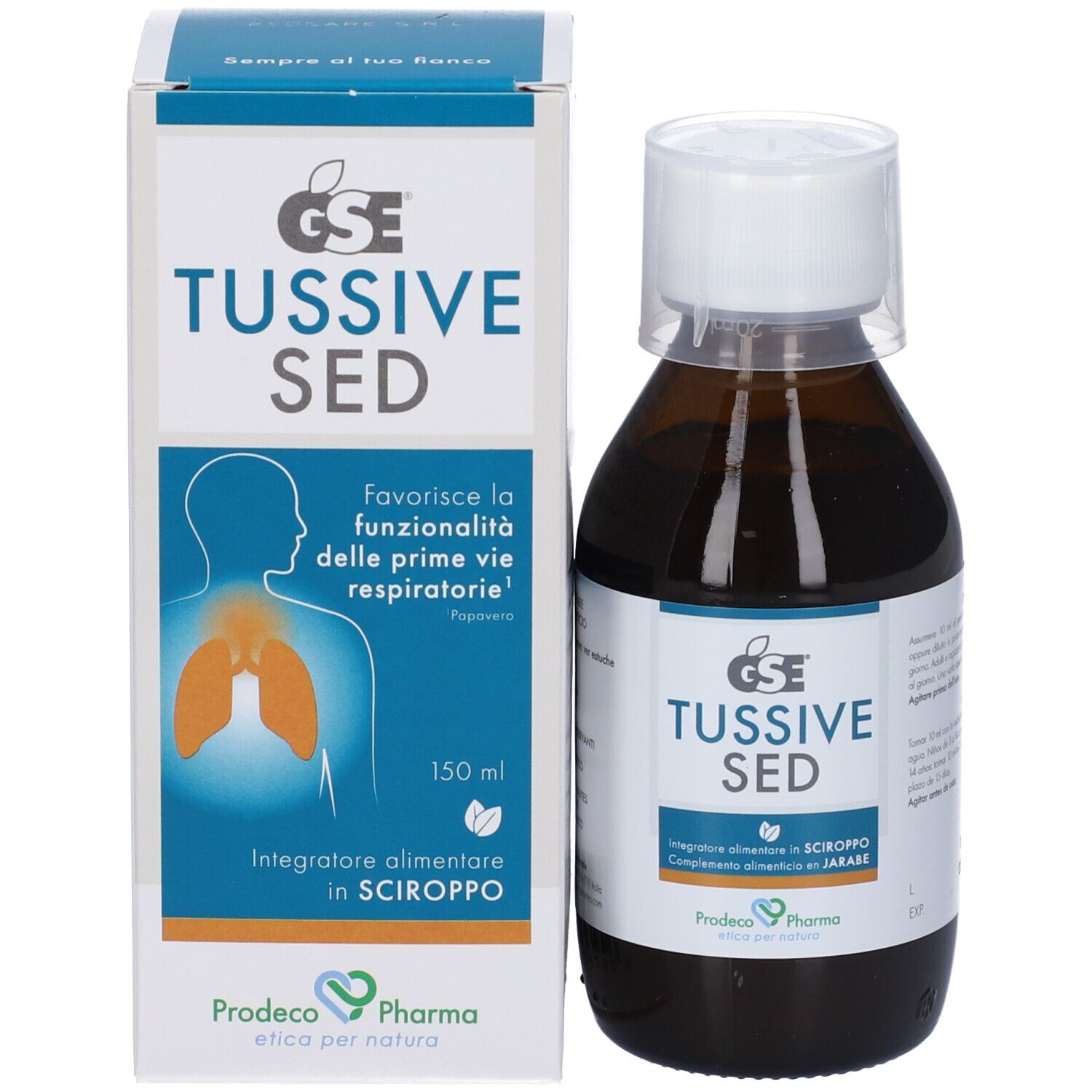 Flacone e scatola del prodotto. Sulla scatola: GSE TUSSIVE SED, 150 ml. Flacone e scatola verticali.