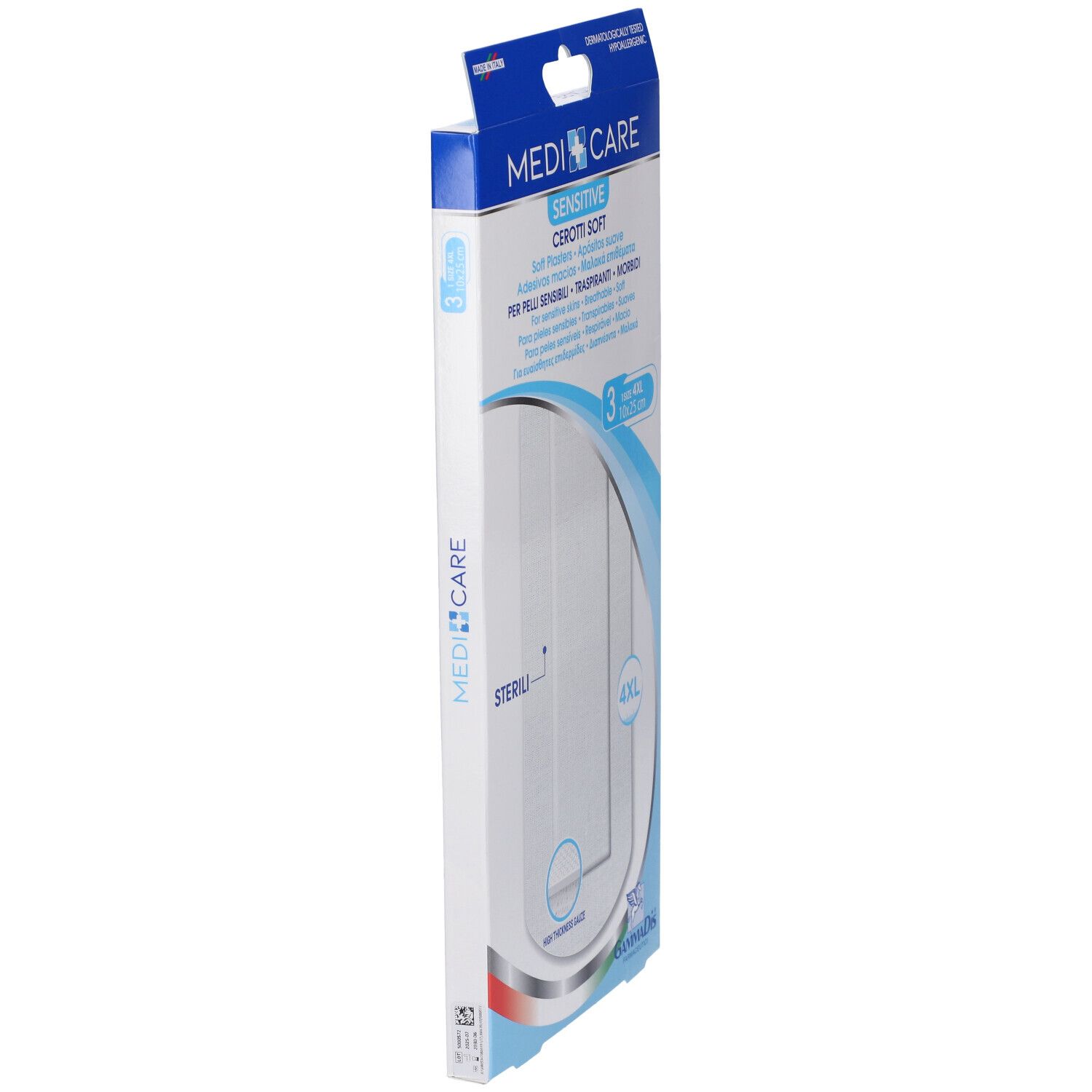 Confezione stretta con tre cerotti. Scritta: Medicare Sensitive Cerotti Soft. Misura 4XL. Dermatologicamente testato.
