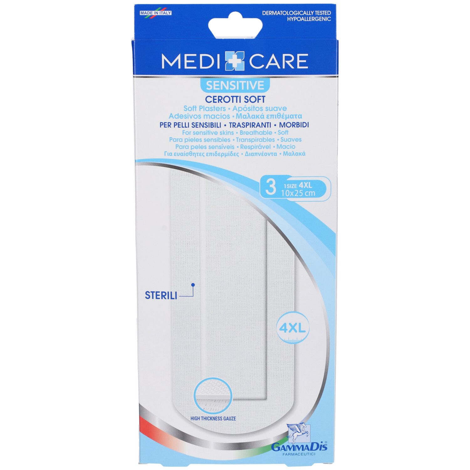 Confezione di tre cerotti. Scritta: Medicare Sensitive Cerotti Soft. Misura 4XL, 10x25cm. Dermatologicamente testato.
