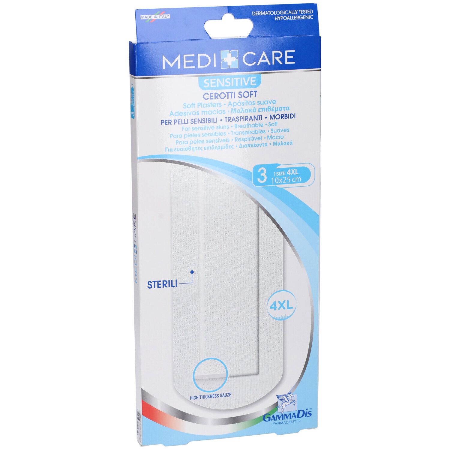 Confezione di tre cerotti. Scritta: Medicare Sensitive Cerotti Soft. Misura 4XL, 10x25cm. Dermatologicamente testato.