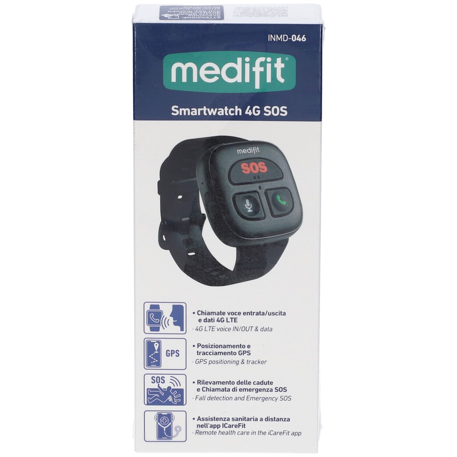 Vista frontale della confezione Medifit Smartwatch 4G SOS. Smartwatch nera con cinturino. Funzioni GPS e SOS illustrate.