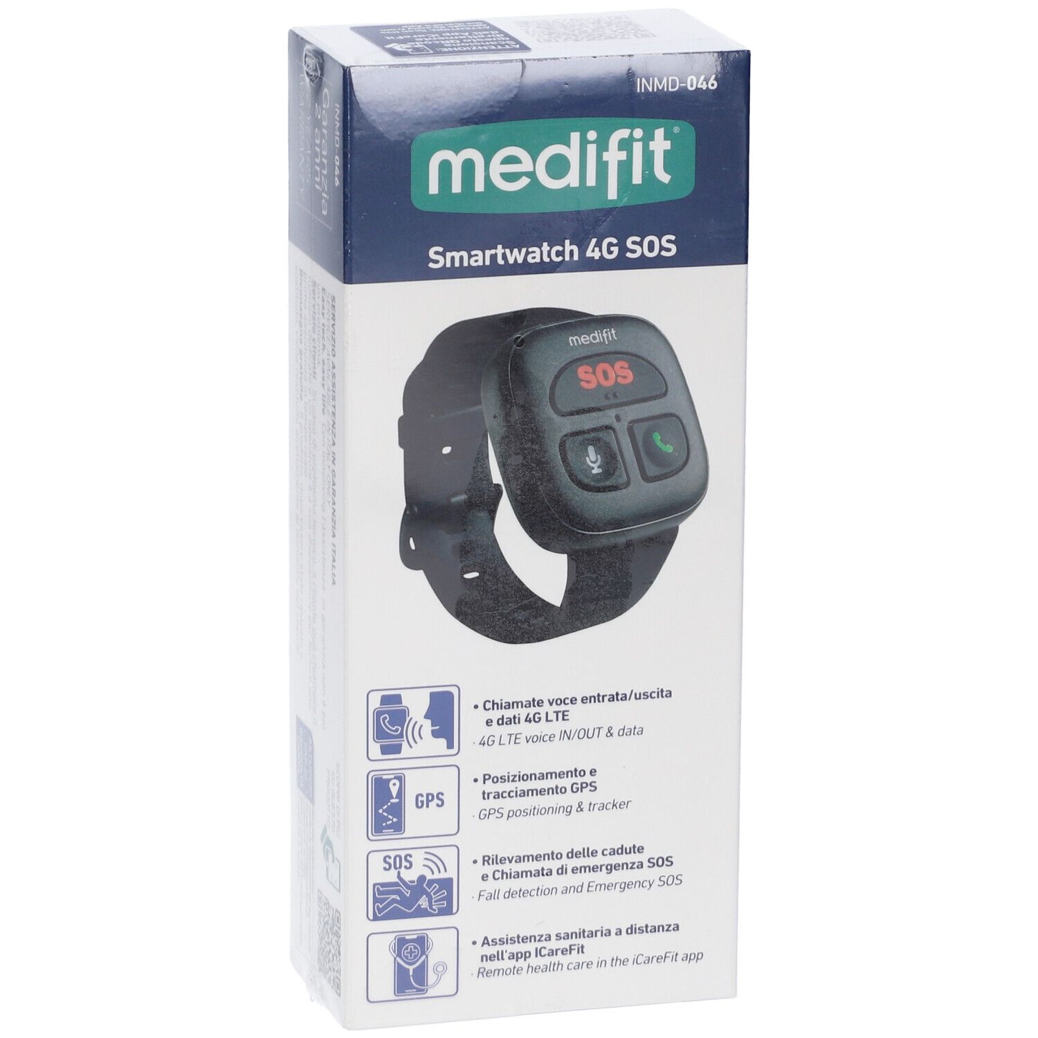 Vista frontale della confezione Medifit Smartwatch 4G SOS. Smartwatch nera con cinturino. Funzioni GPS e SOS illustrate.