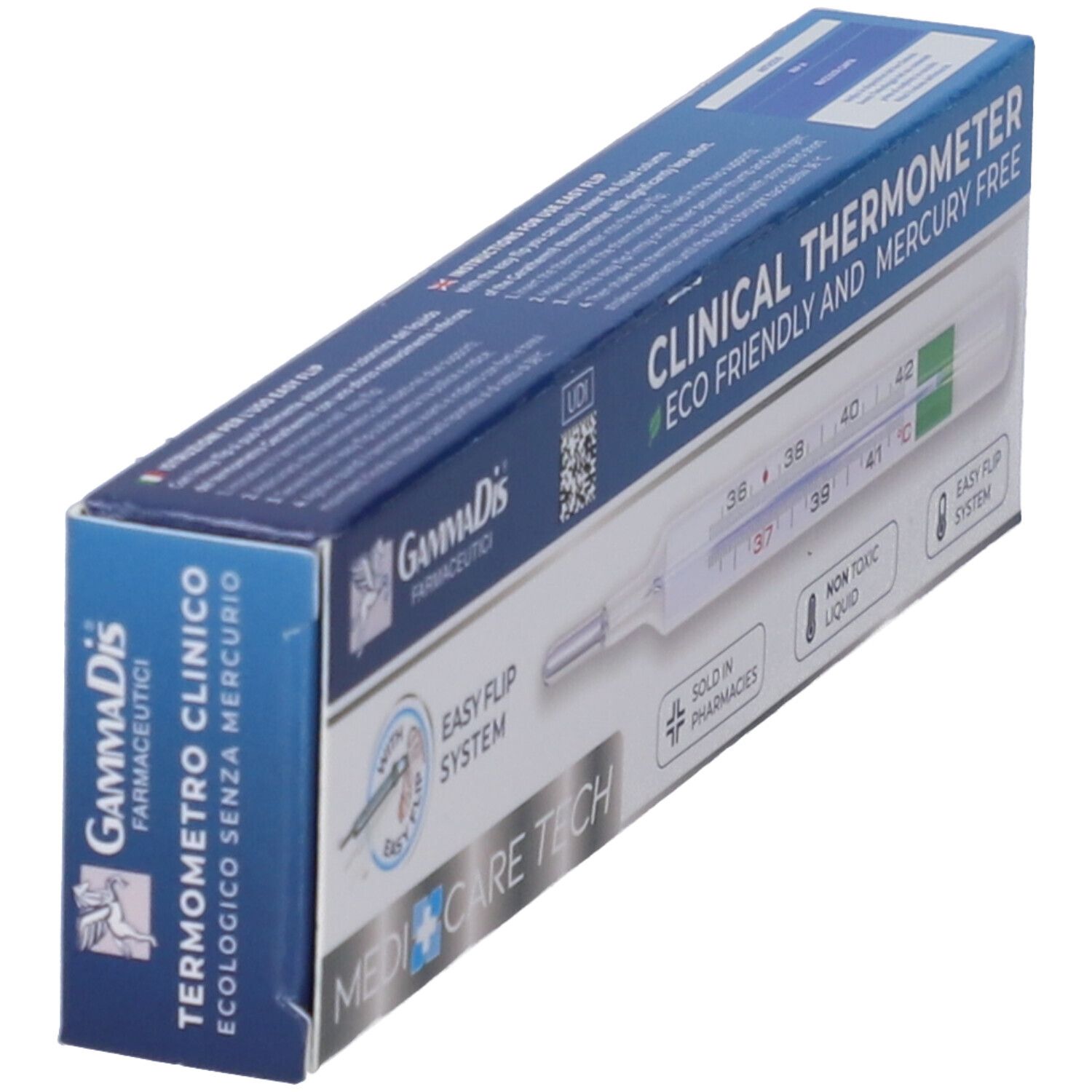 Termometro clinico in scatola. Senza mercurio. Marca: MEDICARE TECH. Vista angolata.