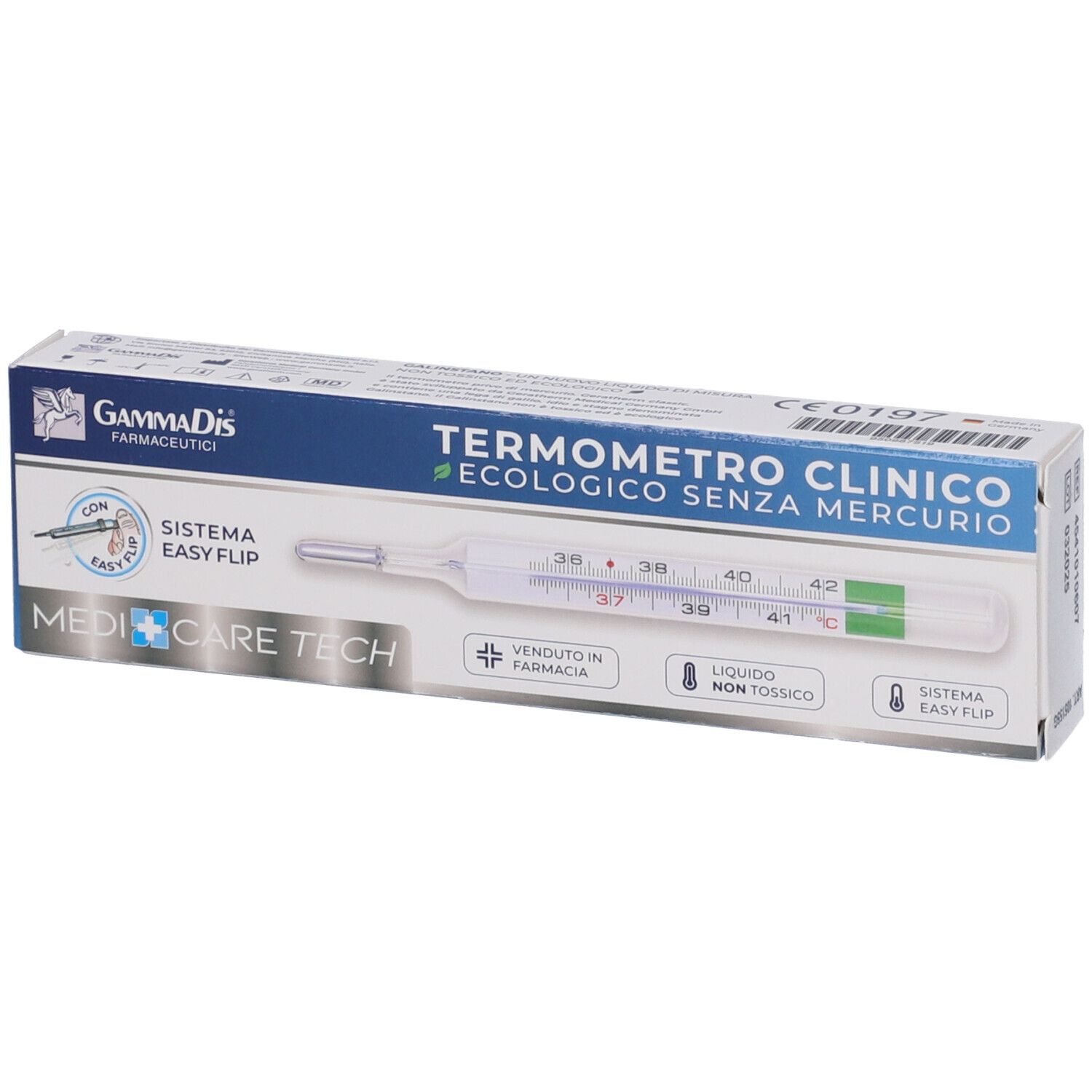 Termometro clinico in scatola. Senza mercurio. Marca: MEDICARE TECH. Sistema Easy Flip.