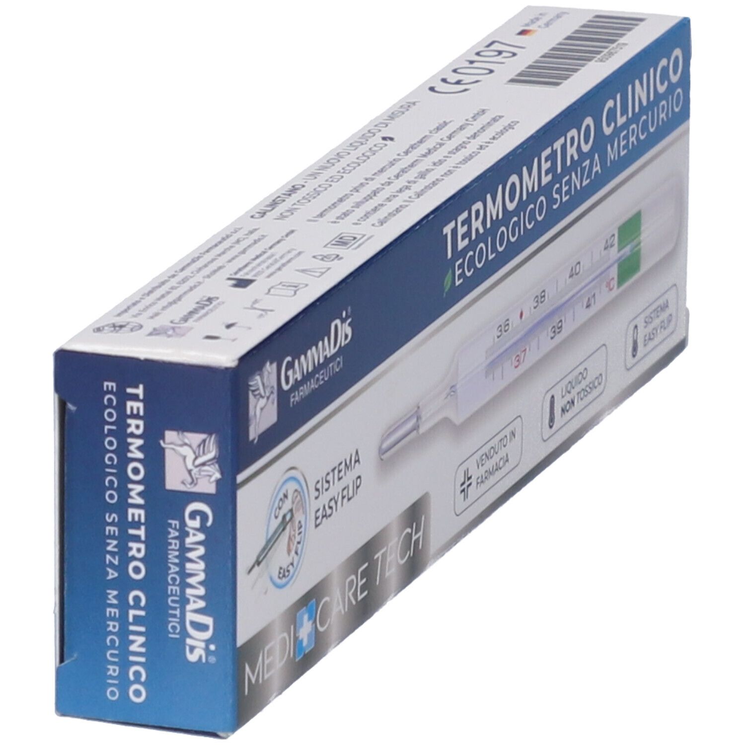 Termometro clinico in scatola. Senza mercurio. Marca: MEDICARE TECH. Vista angolata.