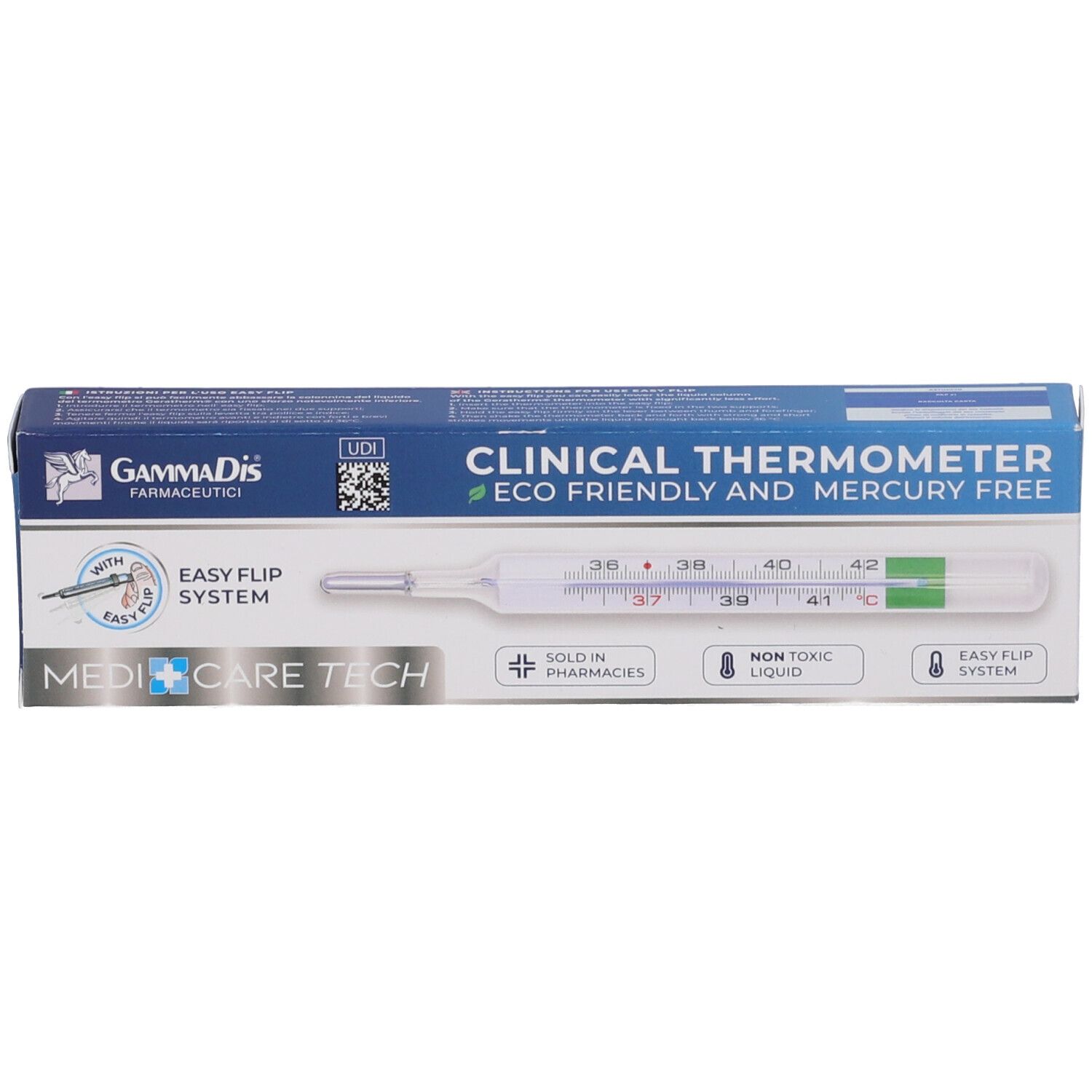 Termometro clinico in scatola. Senza mercurio. Marca: MEDICARE TECH. Sistema Easy Flip.