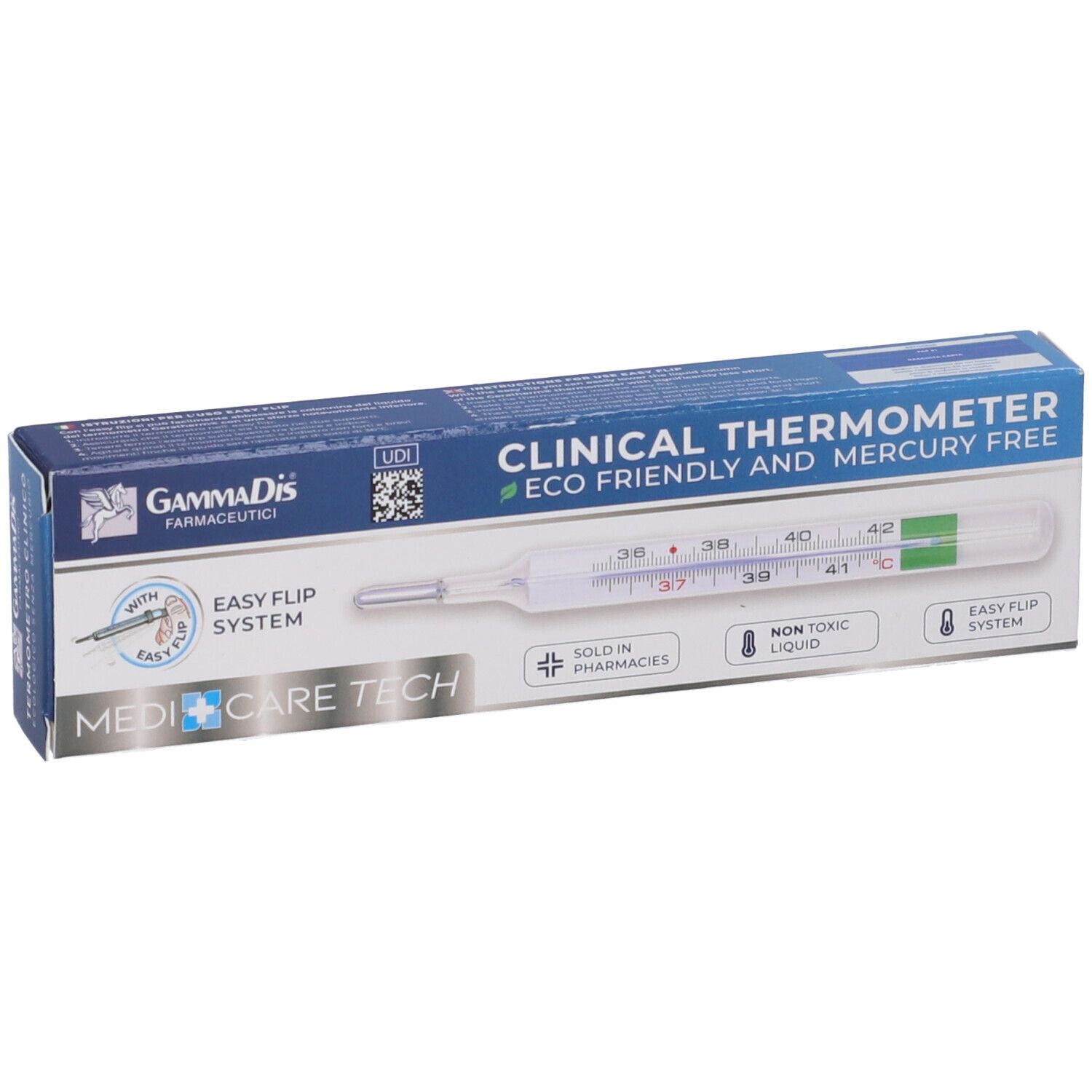 Termometro clinico in scatola. Senza mercurio. Marca: MEDICARE TECH. Sistema Easy Flip.