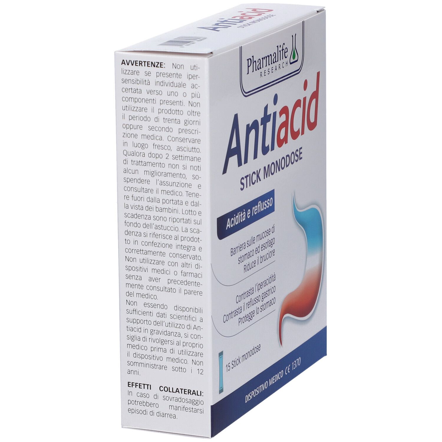 Scatola "Antiacid" in prospettiva. Testo: avvertenze, istruzioni per l'uso. Dispositivo medico CE 1370.