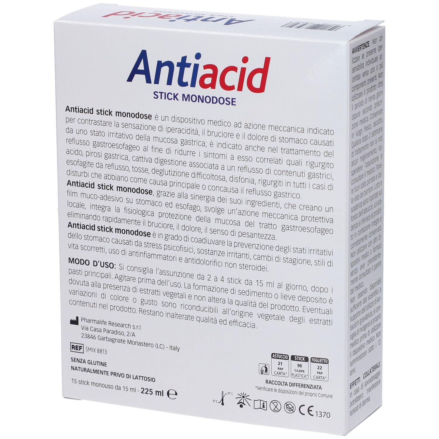 Scatola "Antiacid" con testo: uso, ingredienti, produttore. 15 stick. Dispositivo medico CE 1370.