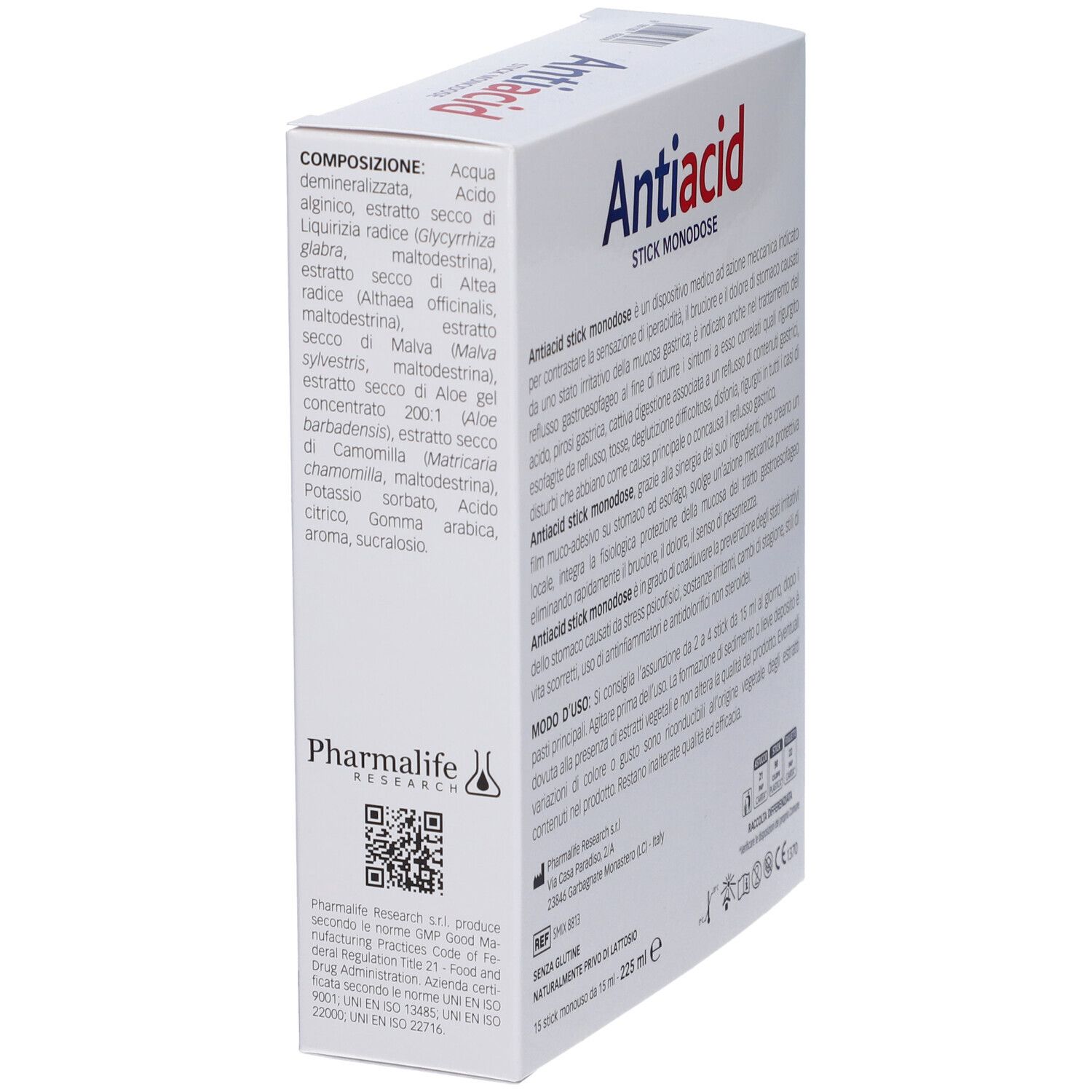 Scatola "Antiacid" in prospettiva. Testo: ingredienti, informazioni produttore. Dispositivo medico CE 1370.