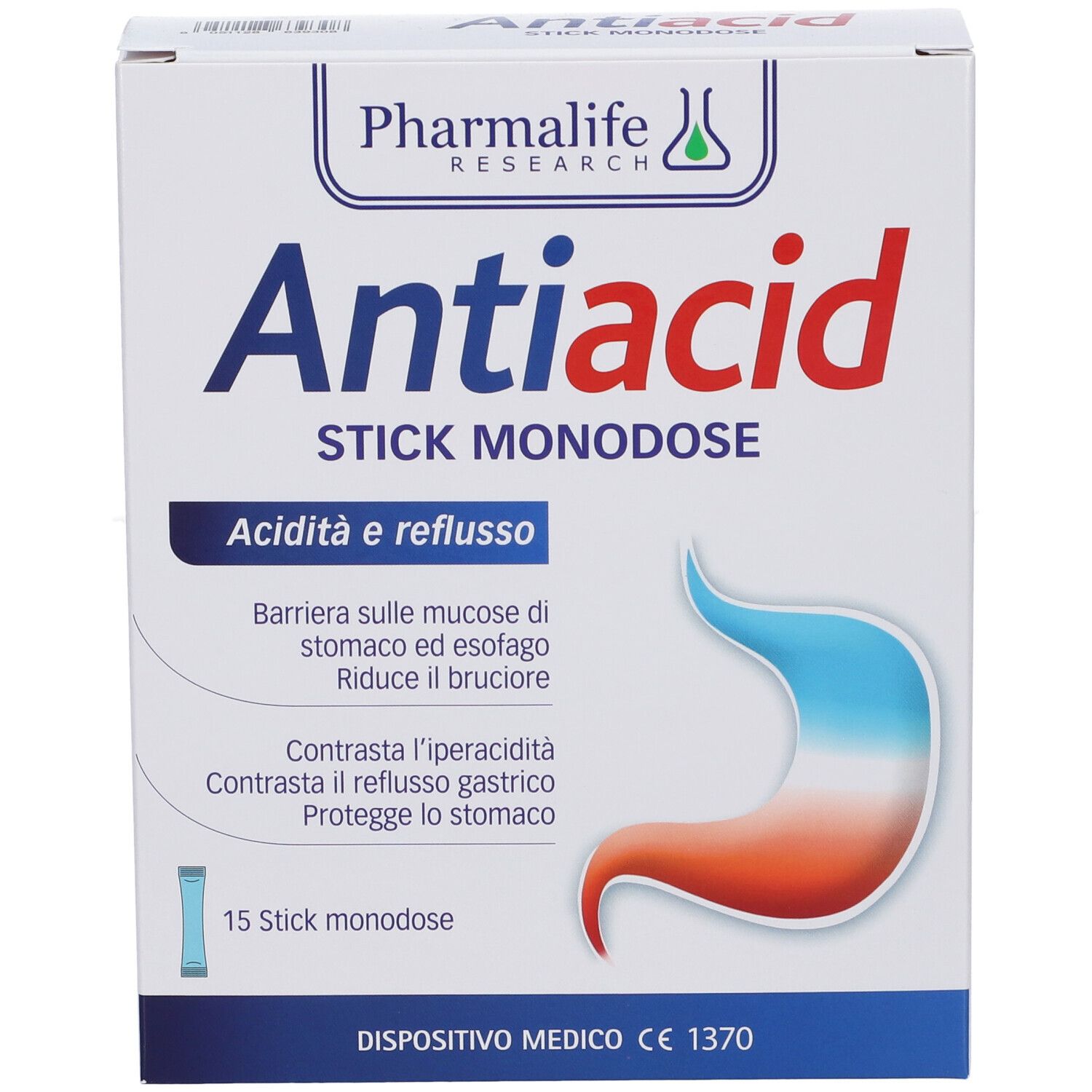 Scatola "Antiacid" con 15 stick monodose. Dispositivo medico CE 1370. Illustrazione apparato digerente.