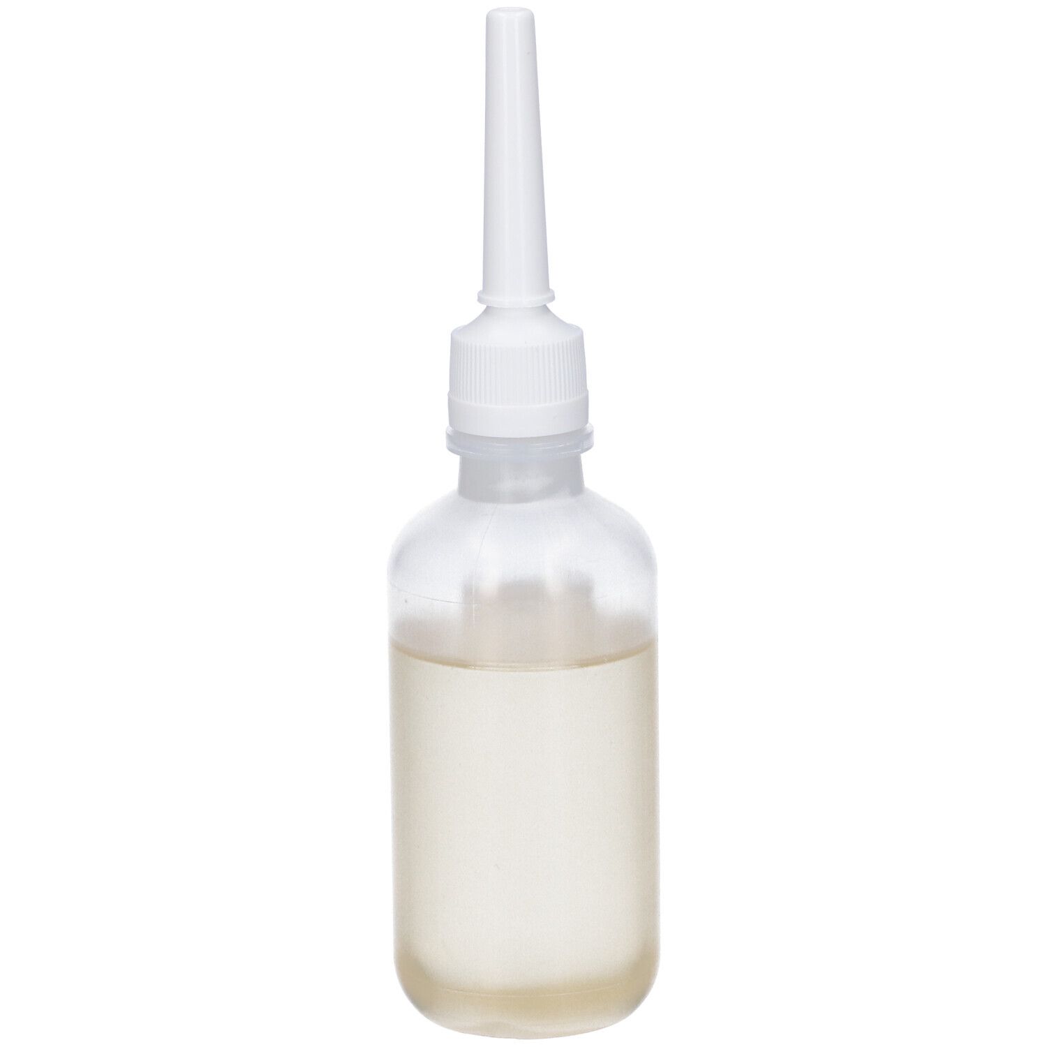 Flacone trasparente con liquido e applicatore bianco.
