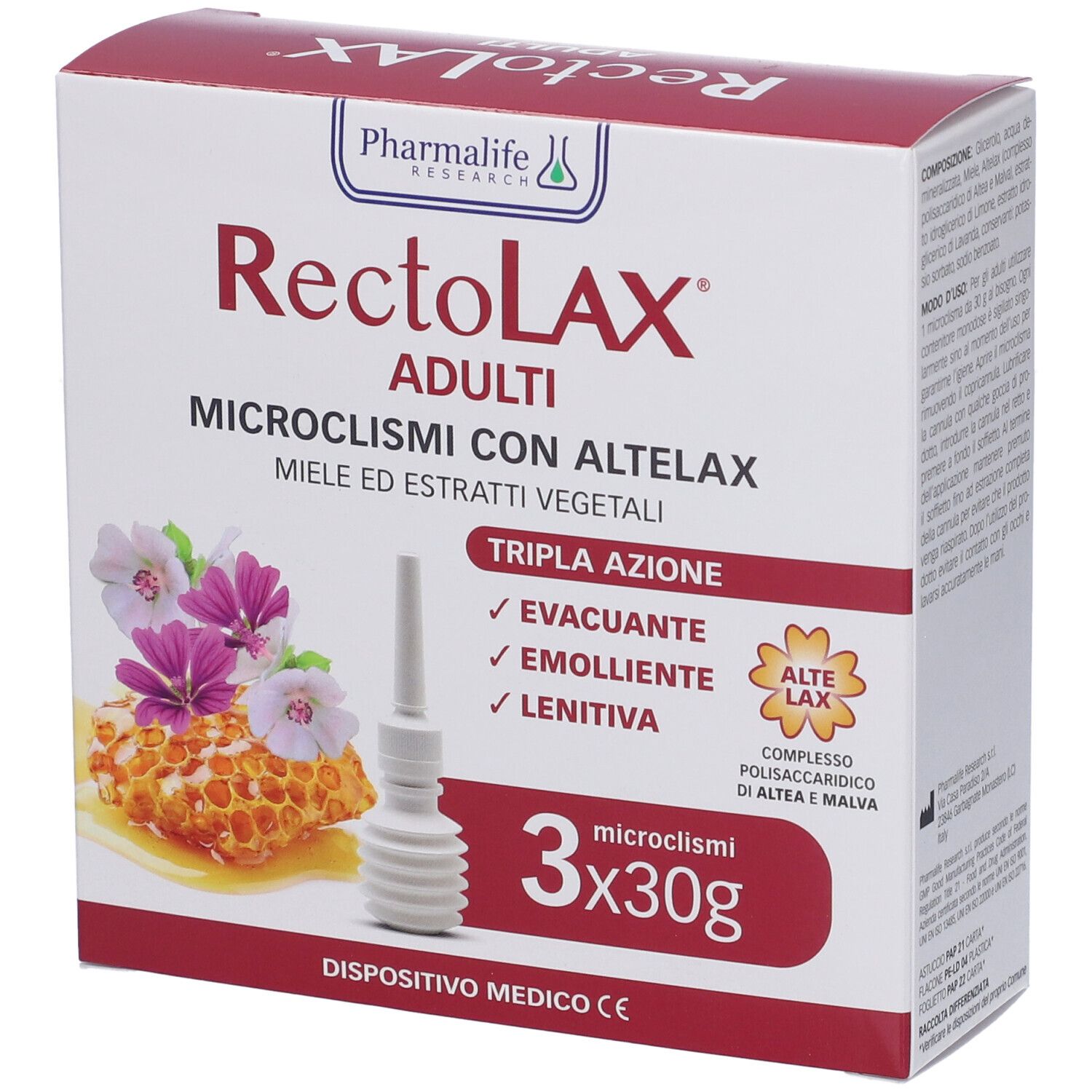 Confezione di RECTOLAX ADULTI. Scatola con 3 microclismi. Immagine con favo, fiori e applicatore. Dispositivo medico.
