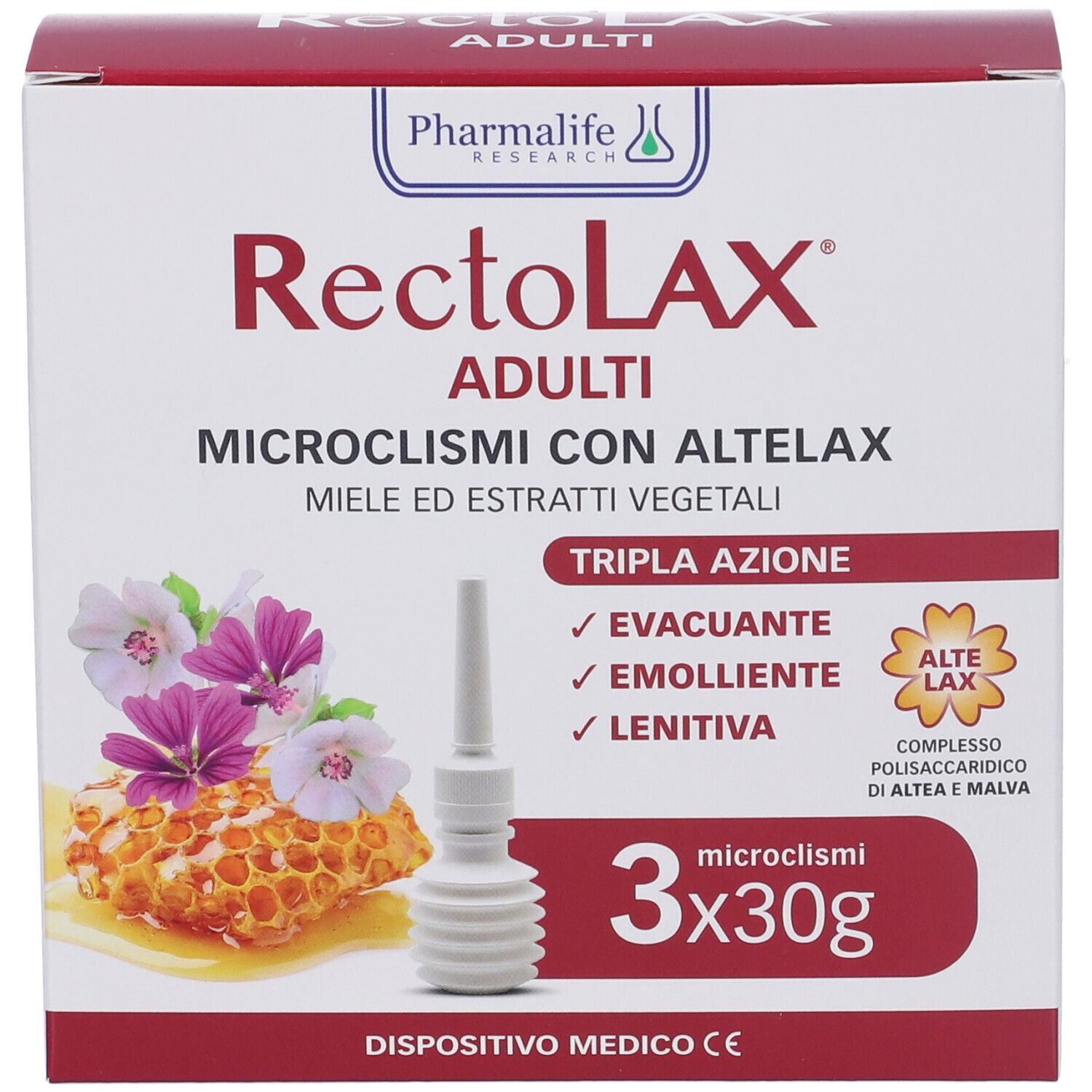 Confezione di RECTOLAX ADULTI. Scatola con 3 microclismi. Immagine con favo, fiori e applicatore. Dispositivo medico.