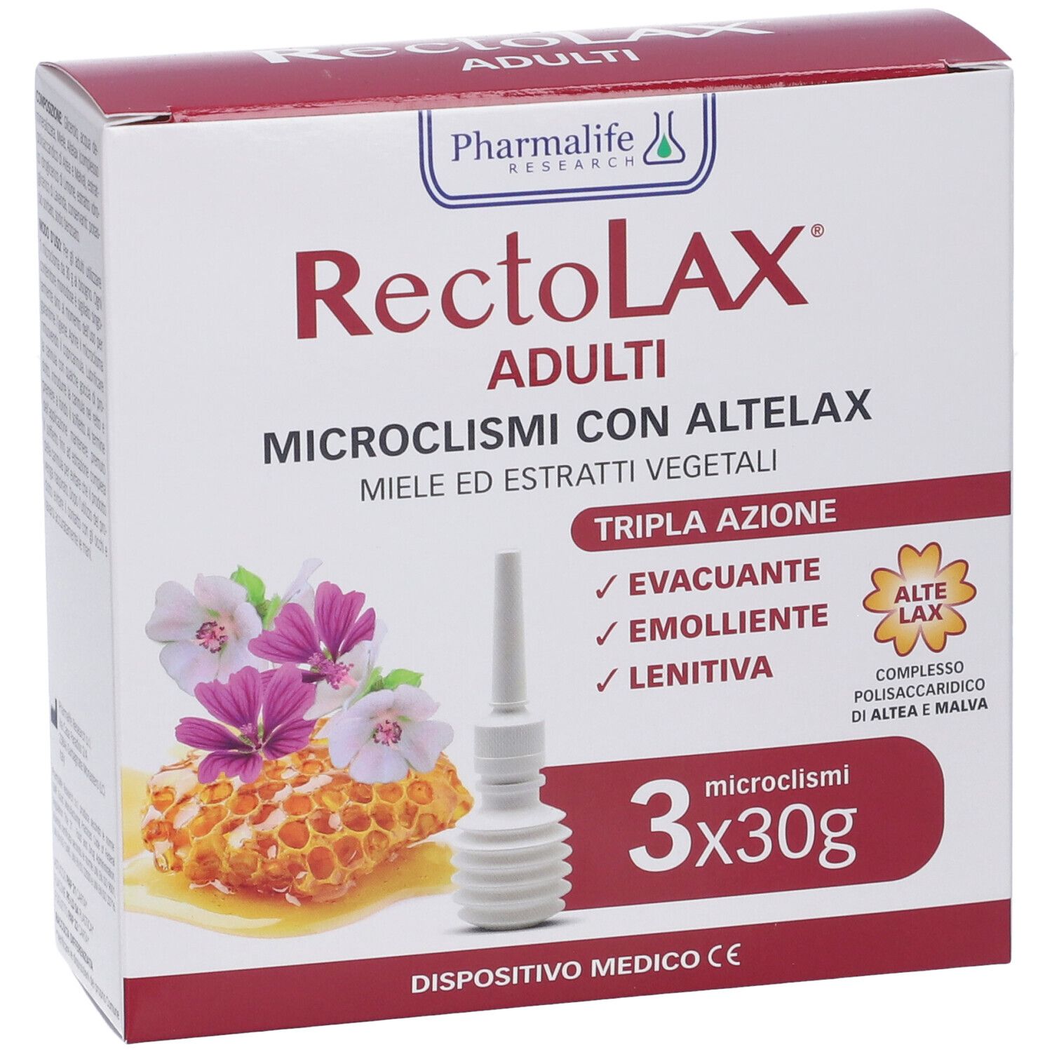 Confezione di RECTOLAX ADULTI. Scatola con 3 microclismi. Immagine con applicatore. Dispositivo medico.