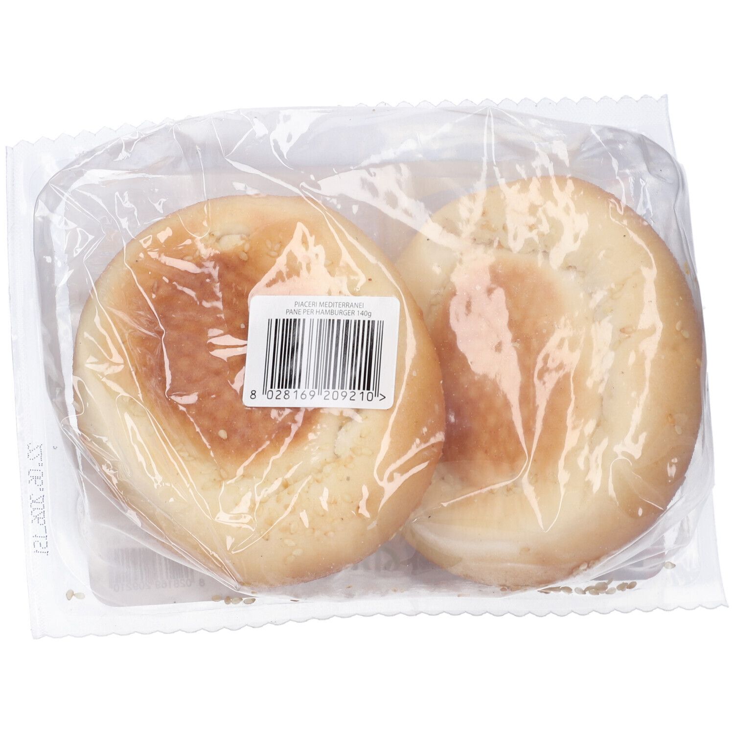 Due panini per hamburger in confezione trasparente. Visibile: superficie chiara, semi di sesamo. Etichetta con codice a barre.
