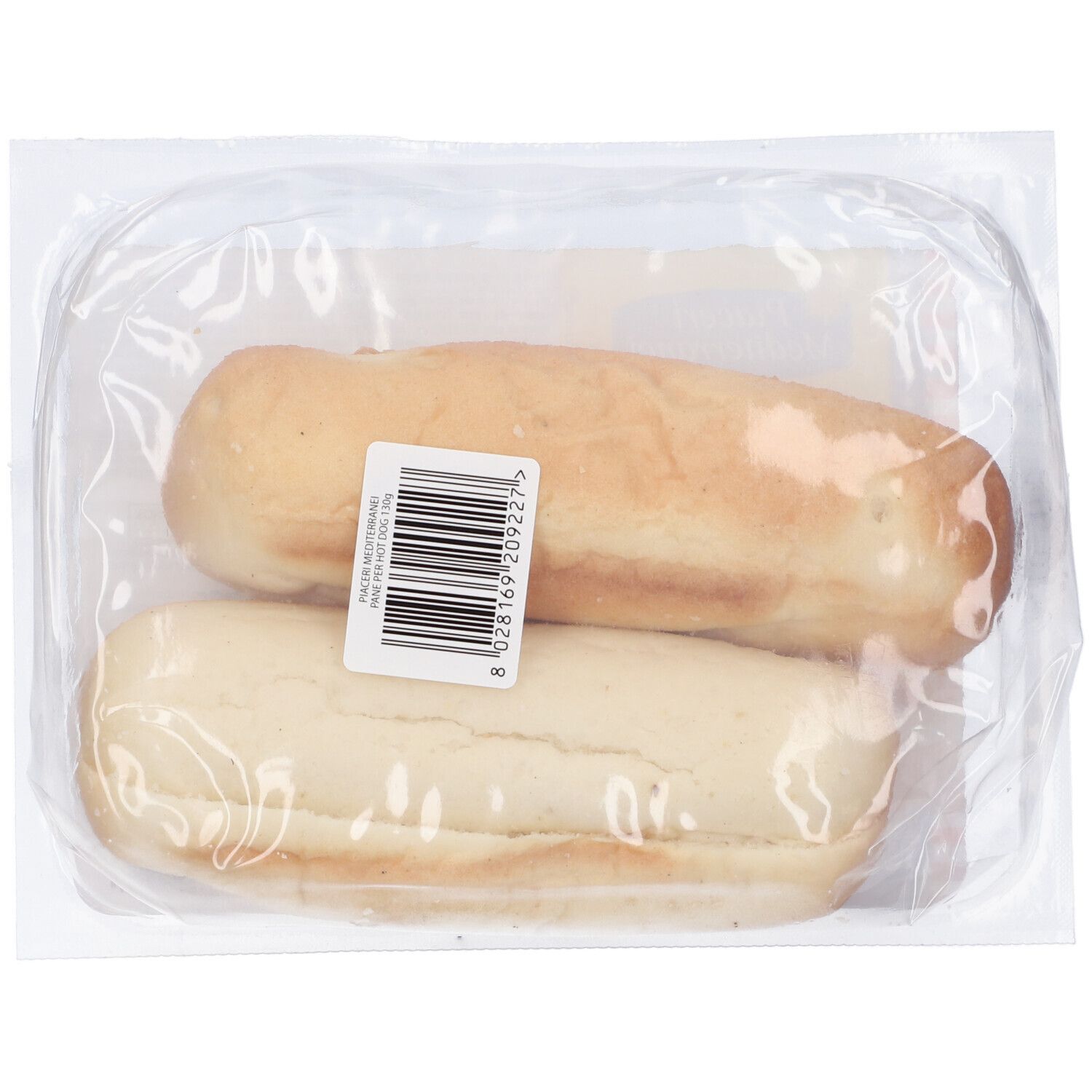 Due panini per hot dog in confezione trasparente. Etichetta con codice a barre e informazioni sul prodotto applicata.
