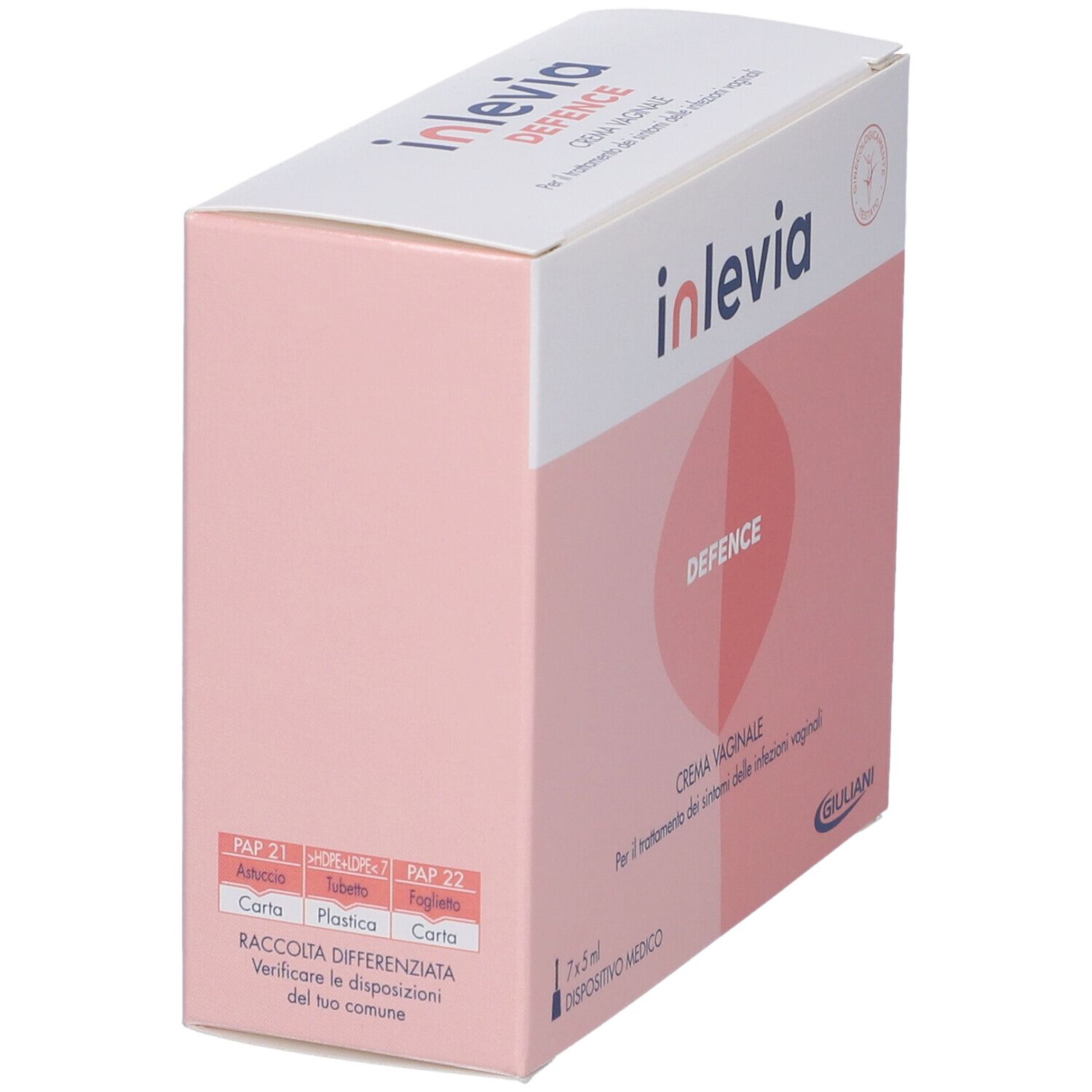 Scatola "inlevia DEFENCE CREMA VAGINALE". Rosa, testo e istruzioni riciclo. Logo Giuliani.