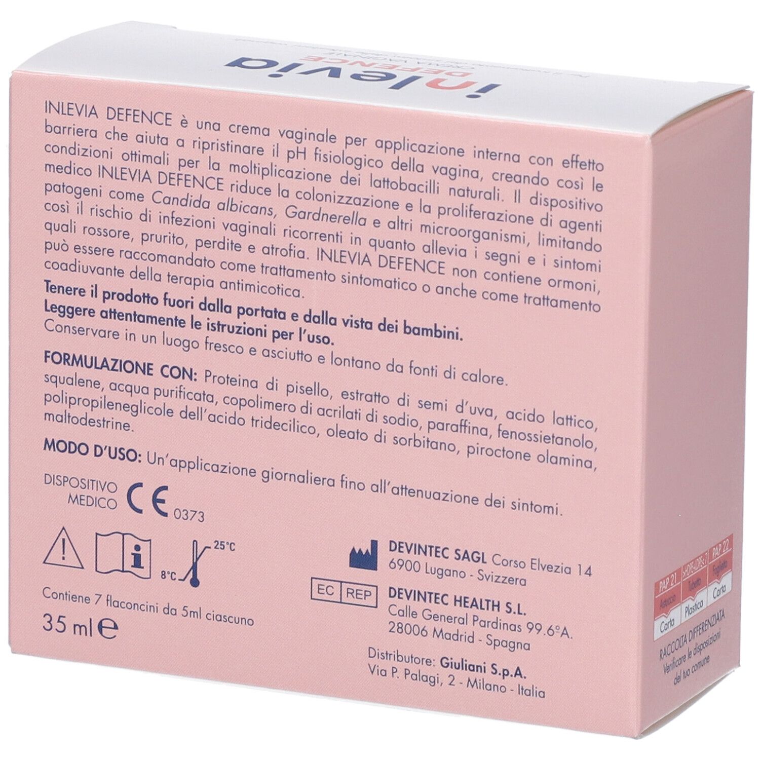 Retro scatola "inlevia DEFENCE". Testo su ingredienti e uso. Dispositivo medico.