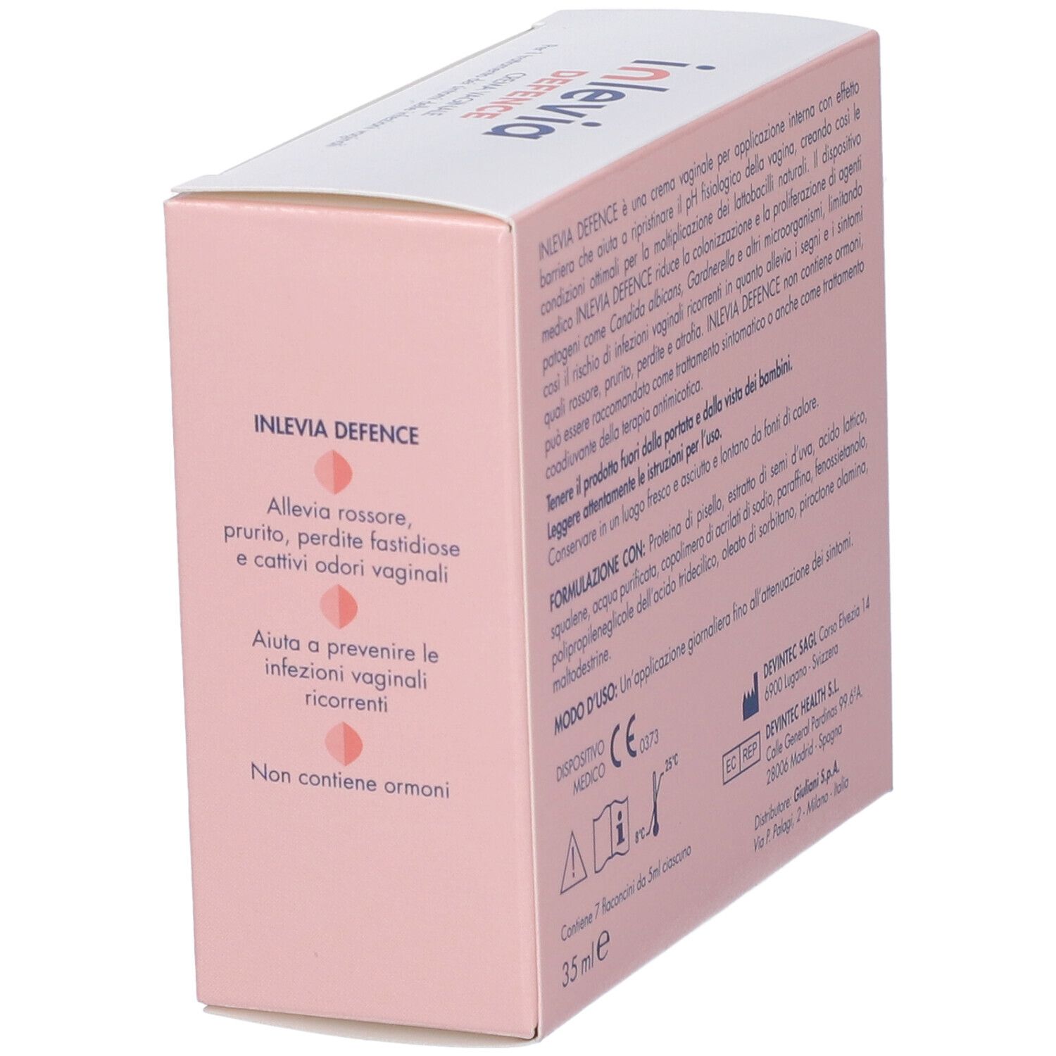 Lato scatola "inlevia DEFENCE". Testo su sintomi e uso. Dispositivo medico.