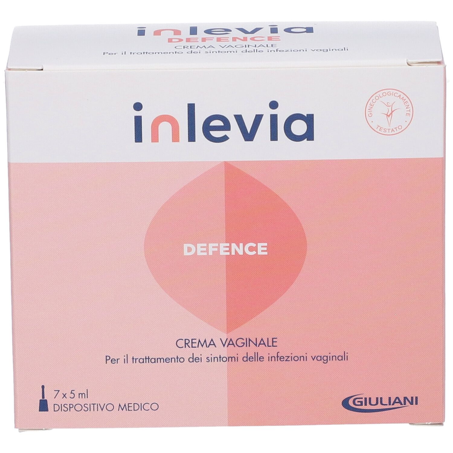 Scatola rosa "inlevia DEFENCE CREMA VAGINALE". Contiene 7x5ml. Dispositivo medico. Logo Giuliani.