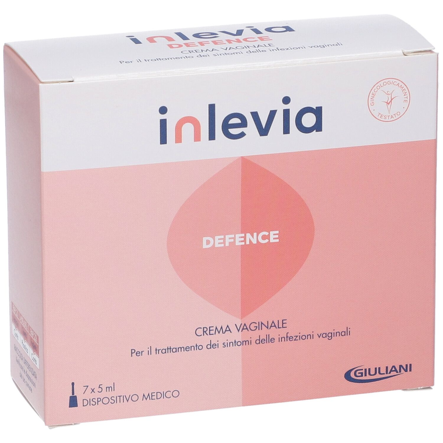 Scatola rosa "inlevia DEFENCE CREMA VAGINALE". Contiene 7x5ml. Dispositivo medico. Logo Giuliani.