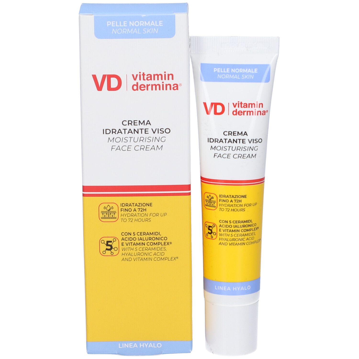 VD Vitamindermina Crema Idratante Viso e confezione. Tubo e scatola bianchi con elementi gialli e blu.