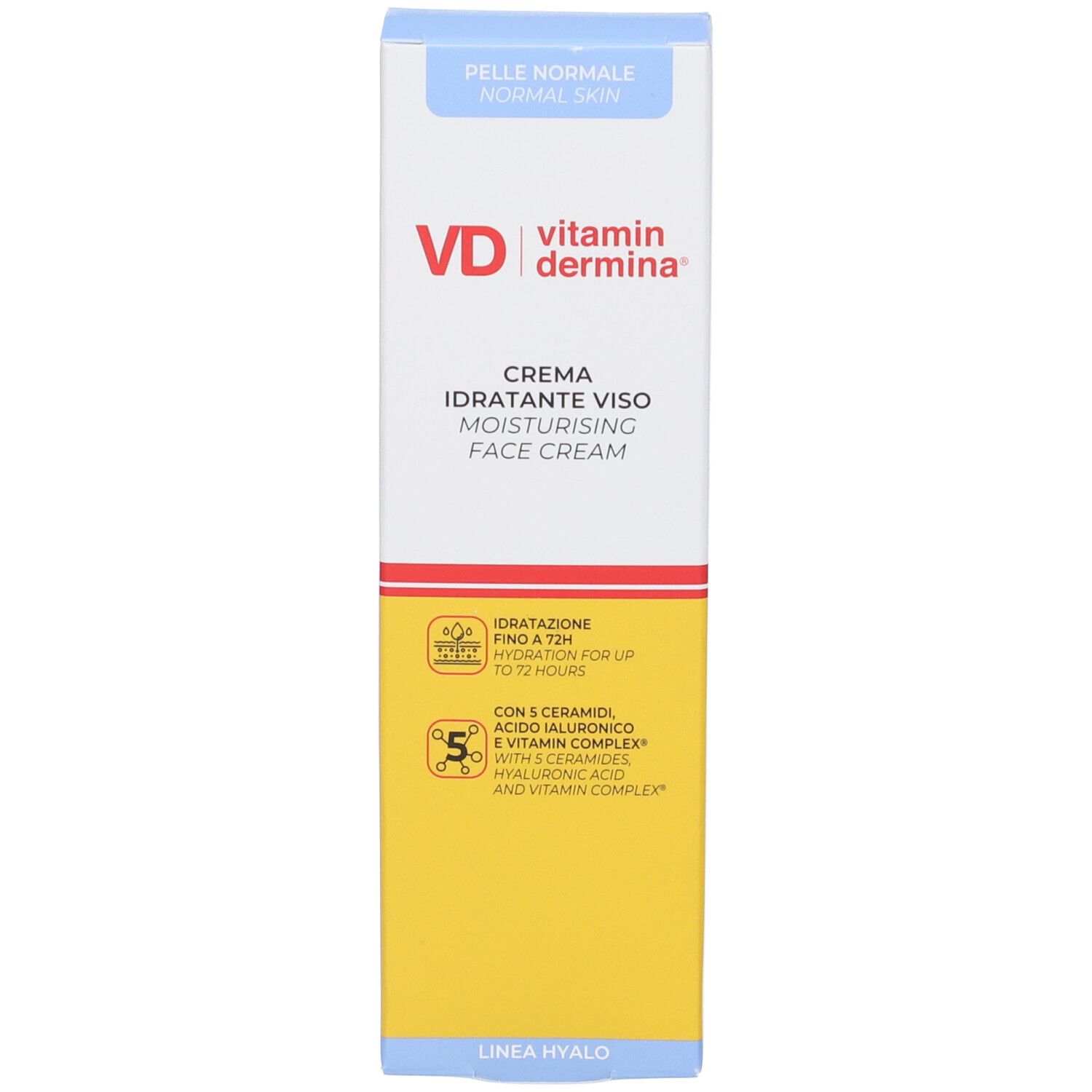 Confezione Crema Idratante Viso. Scatola bianca con elementi gialli e blu. Testo: VD Vitamindermina.