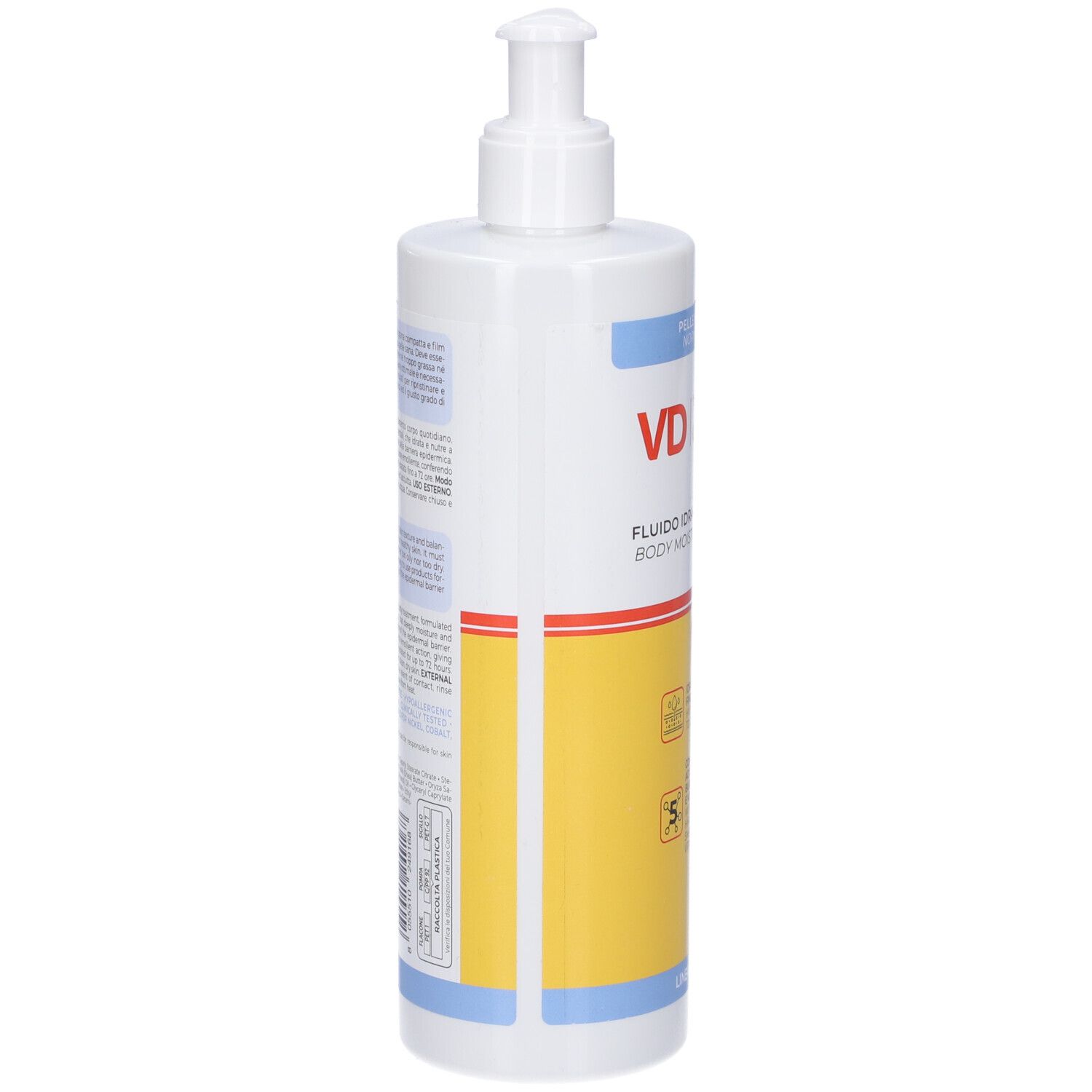 Dispenser bianco con VD Vitamindermina. Retro con testo. Accenti gialli e blu. Con pompa.