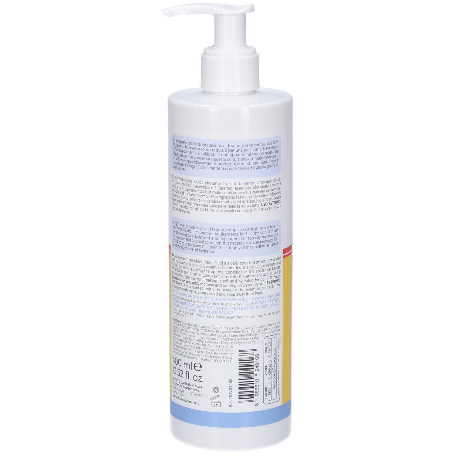 Dispenser bianco con VD Vitamindermina. Retro con testo. Accenti gialli e blu. Con pompa.