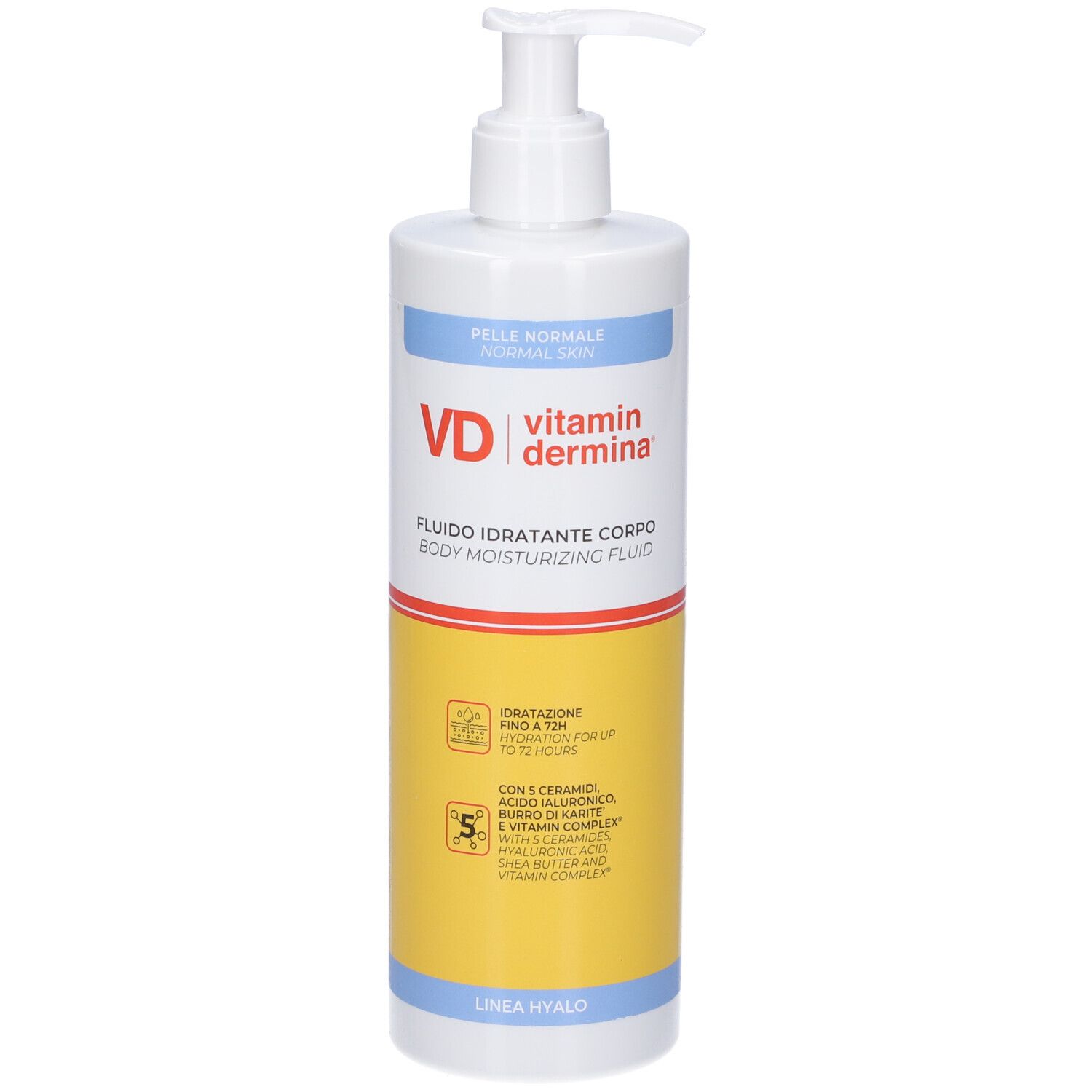 Dispenser bianco con VD Vitamindermina. Scritta: Fluido Idratante Corpo. Accenti gialli e blu. Con pompa.