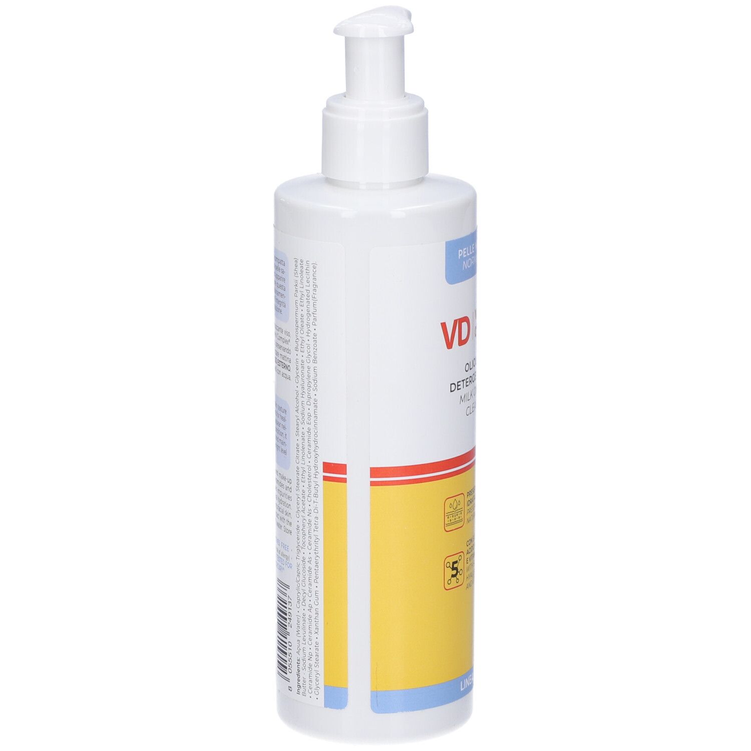 Flacone bianco con dosatore. Scritta: VD Vitamindermina. Etichette giallo-blu. Vista laterale.