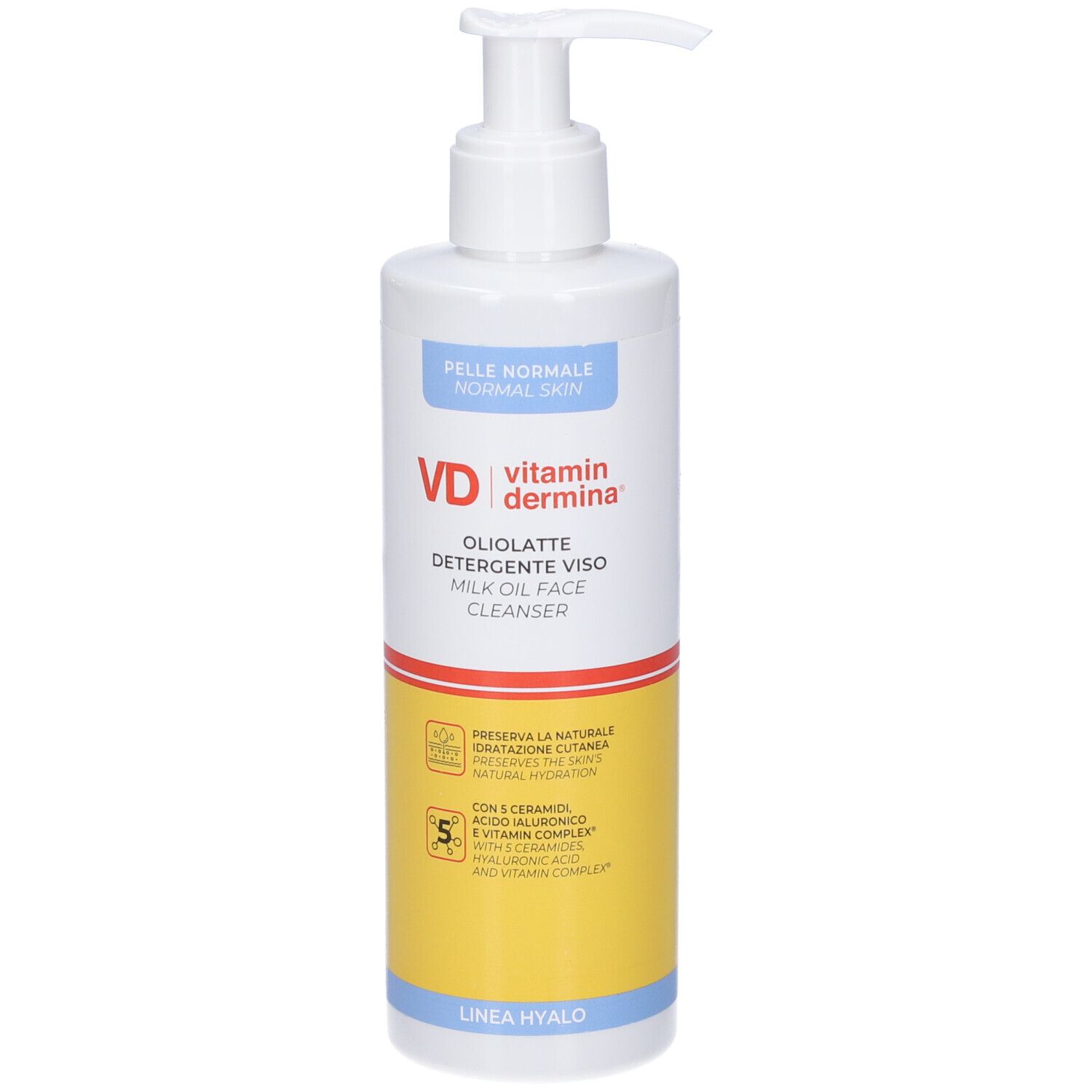 Flacone bianco con dosatore. Scritta: VD Vitamindermina Oliolatte Detergente Viso. Etichette giallo-blu.